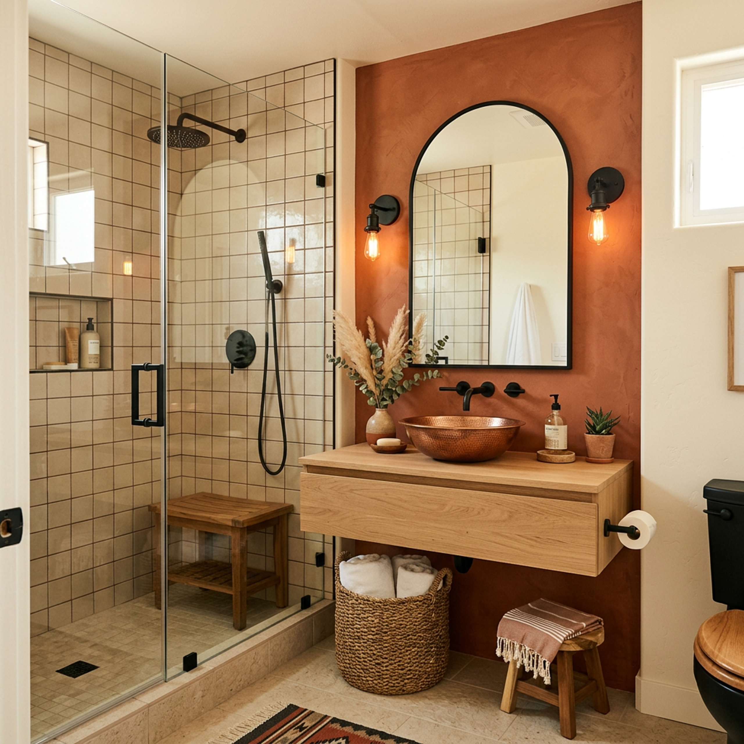 White Modern Bathroom Design with Terracotta Wall and Arched Mirror | Livspace