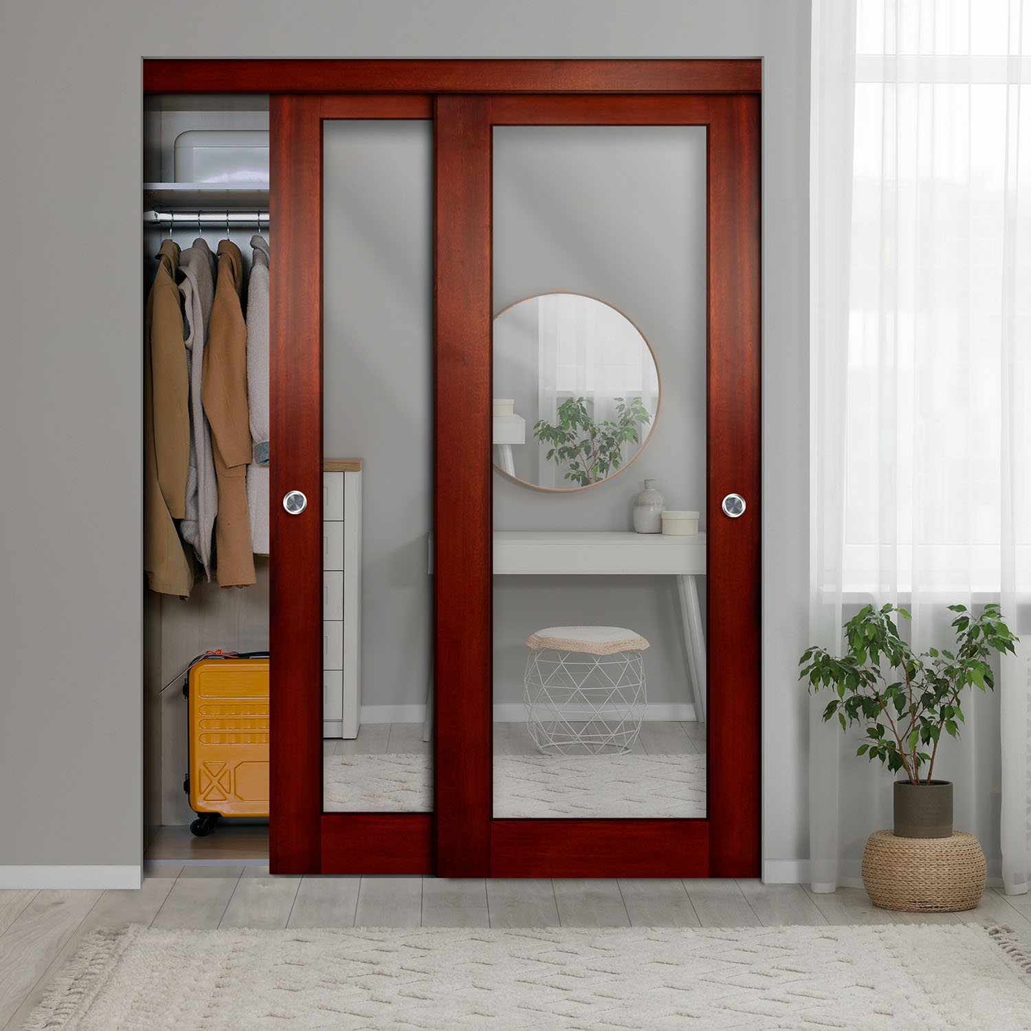 2 Leaf Real Wood Sliding Closet Bypass Door with Mirror Insert CWD-6011