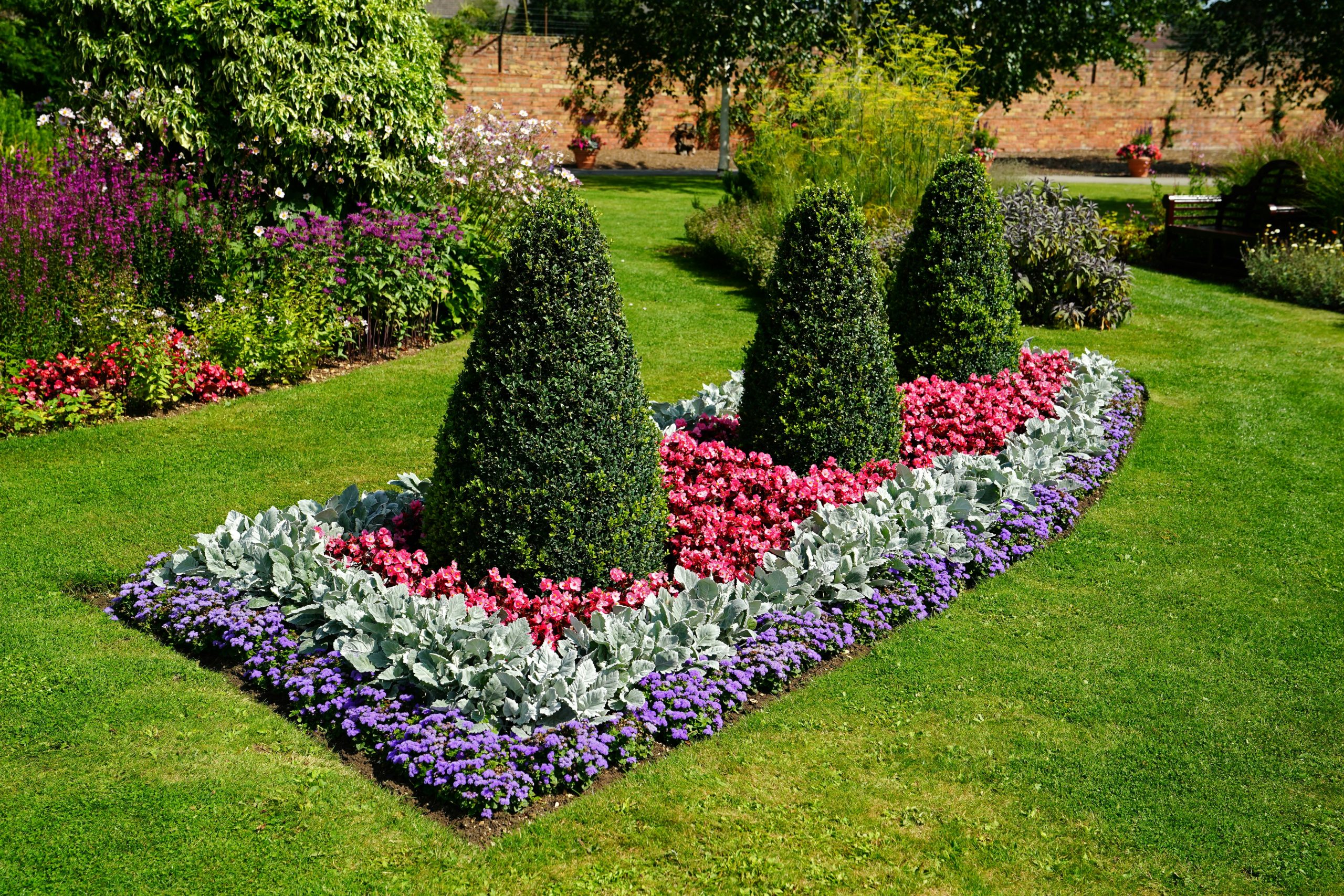 a garden with bushes and flowers