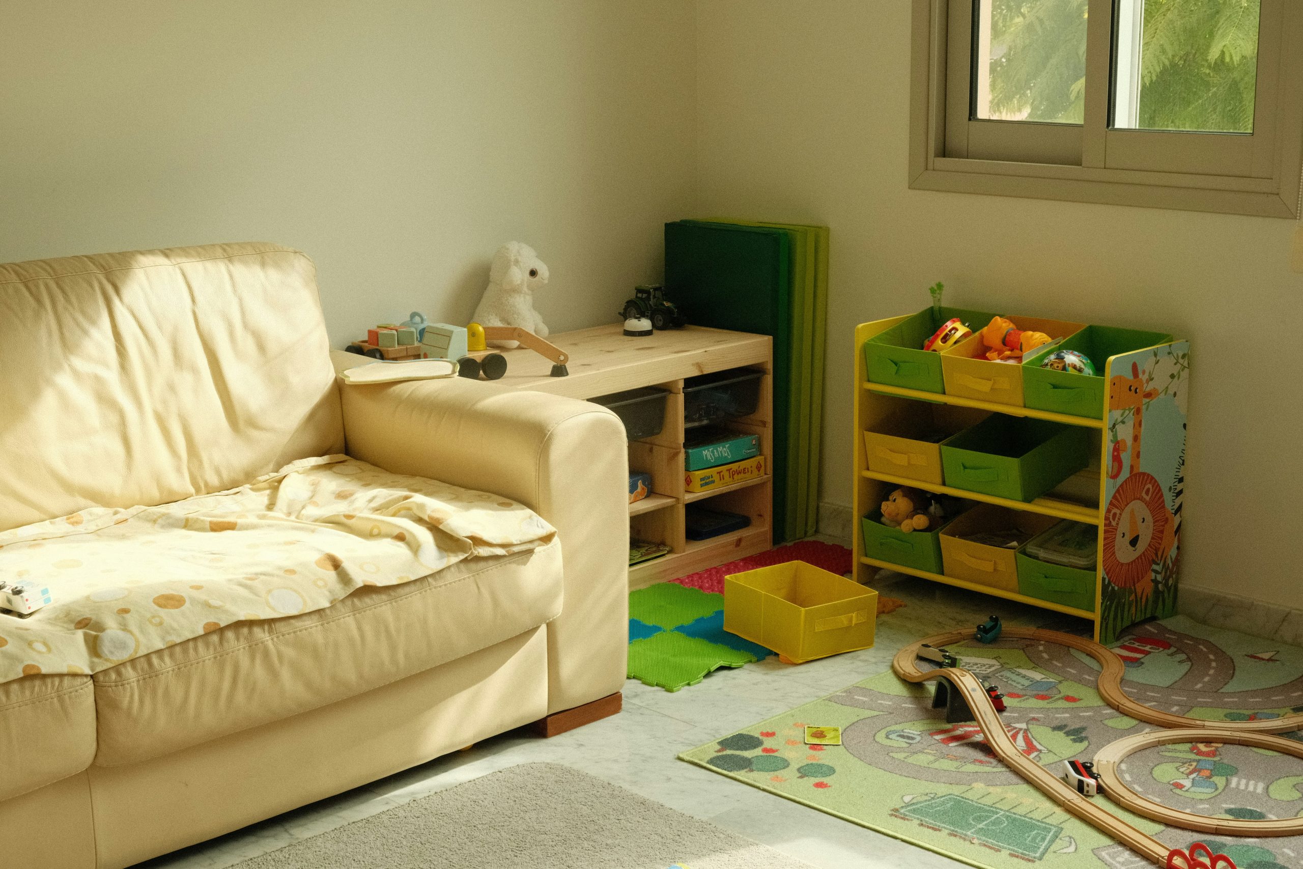 Children's playroom with toys and storage