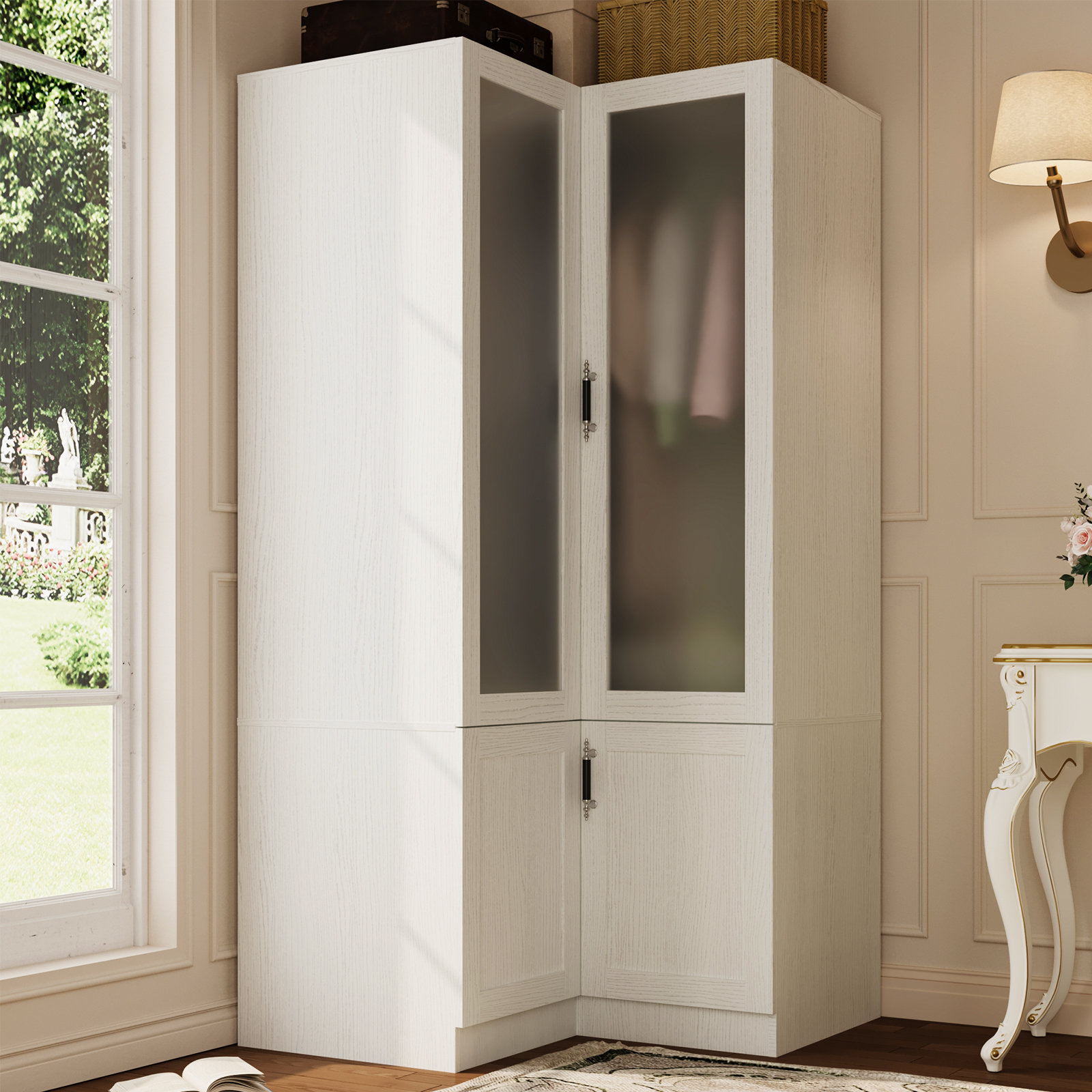 Ebern Designs L-Shape Armoire Wardrobe Closet With Frosted Glass Door, 70.9''H Bedroom Clothing Storage Cabinet With Hanging Rod, Adjustable Shelves, Clothes Wardrobe Armoire For Bedroom, Wood Grain
