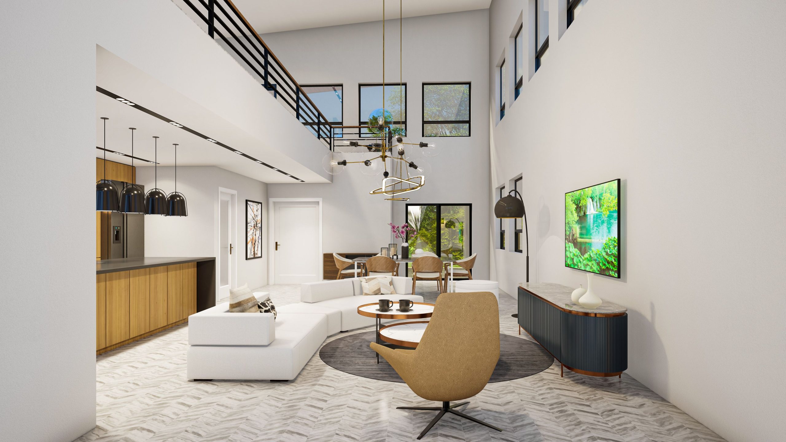 Elegant modern living room with sleek furniture and minimalist decor.