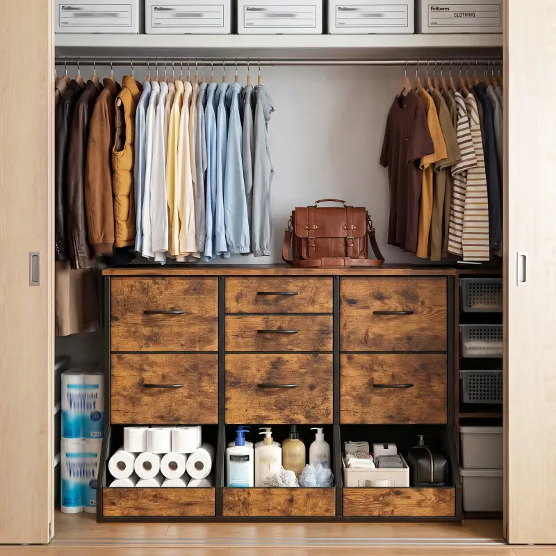Fabric Drawer Storage Dresser with Open Compartments, Large Capacity, Multi-Section Organizer with Stable Base Rustic Brown / 39.3'WX17.7'DX31.5'H
