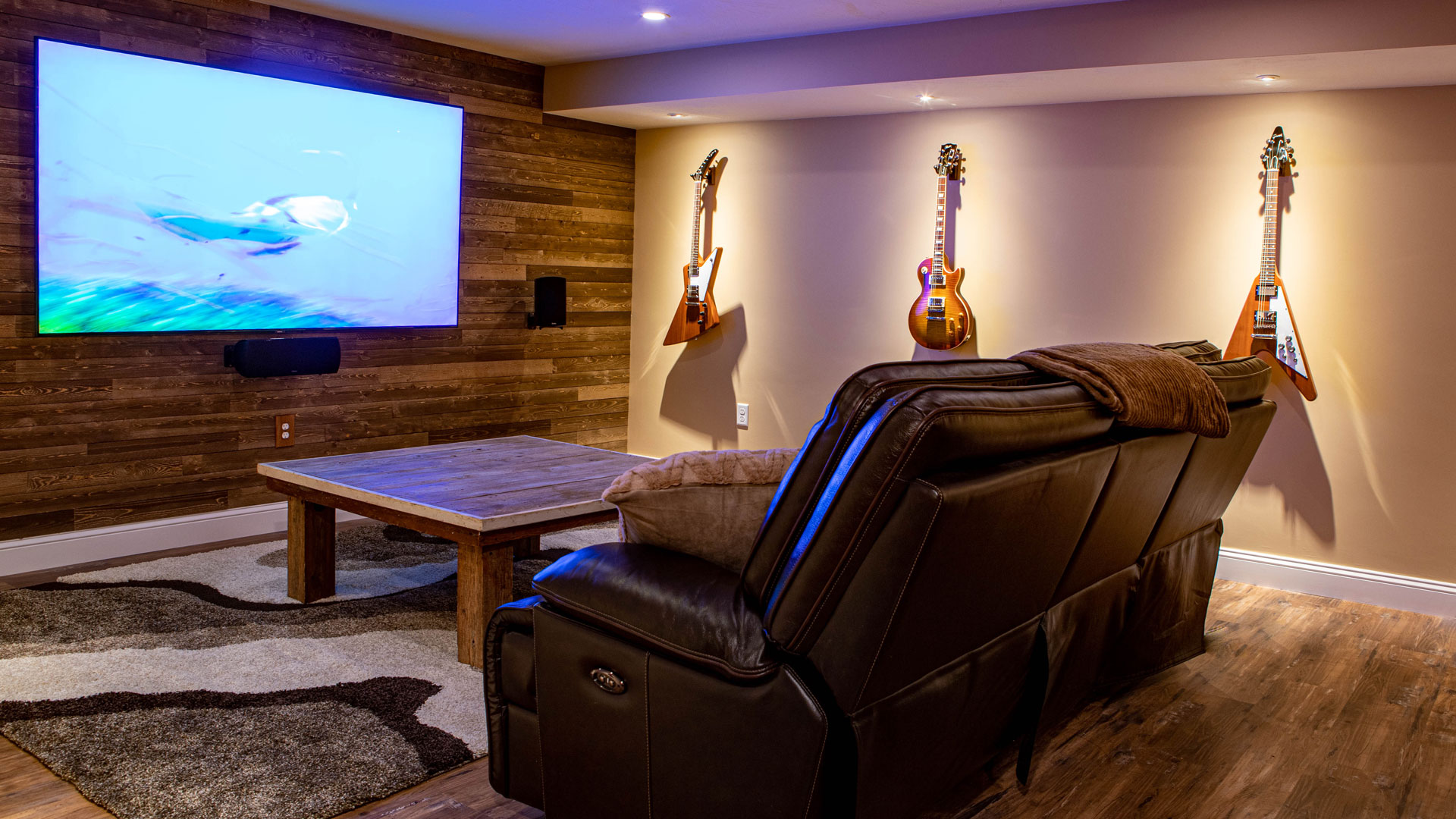Finished Basement Entertainment Lounge & Guitar Room in Hanover, MA | Almar
