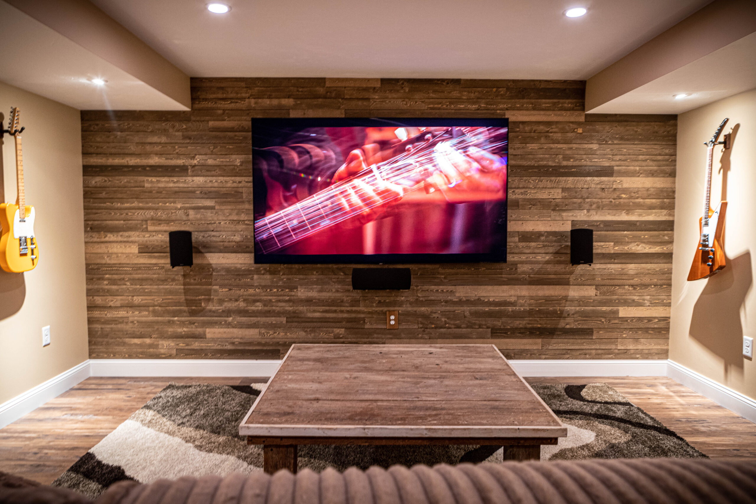 Finished Basement Entertainment Lounge & Guitar Room in Hanover, MA | Almar