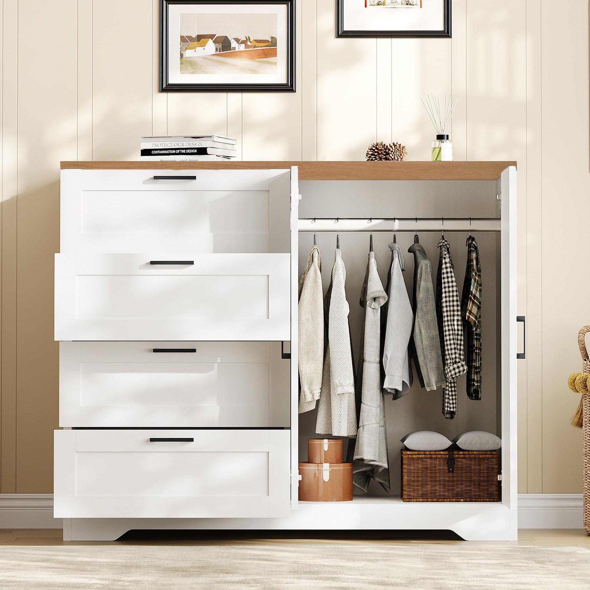 Garvee Multifunctional Wooden Dresser for Bedroom, 43.3'' H 2 Door Wardrobe Armoire Closet with 4 Drawers and Hanging Rod, Low Storage Cabinet for ...