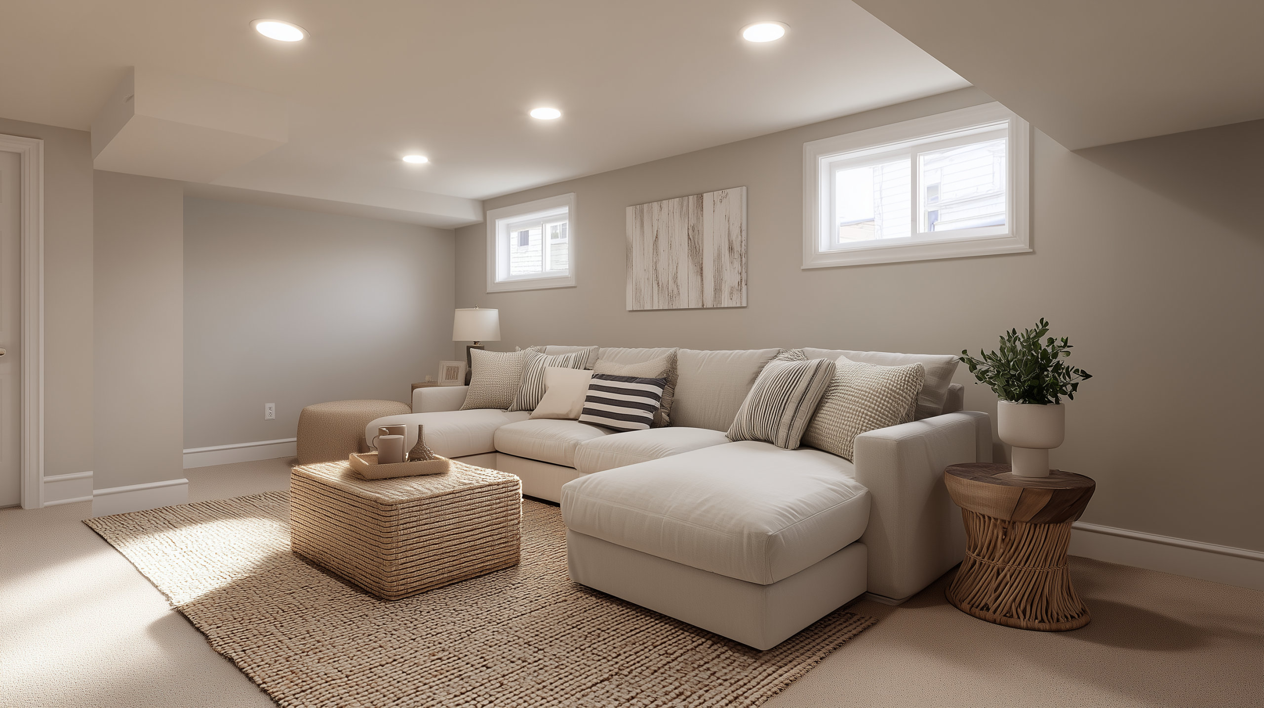 Grey Warm Up Basement How To Add Warmth To A Grey Carpeted And Grey Walled Family