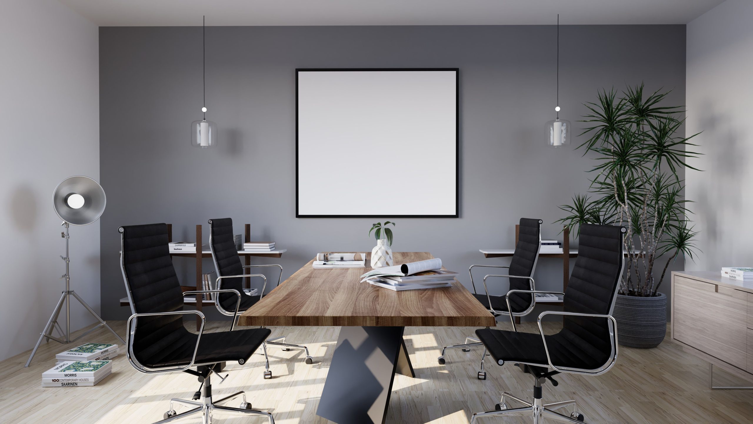 Sleek and modern conference room with minimalist design featuring stylish furniture and indoor plants.