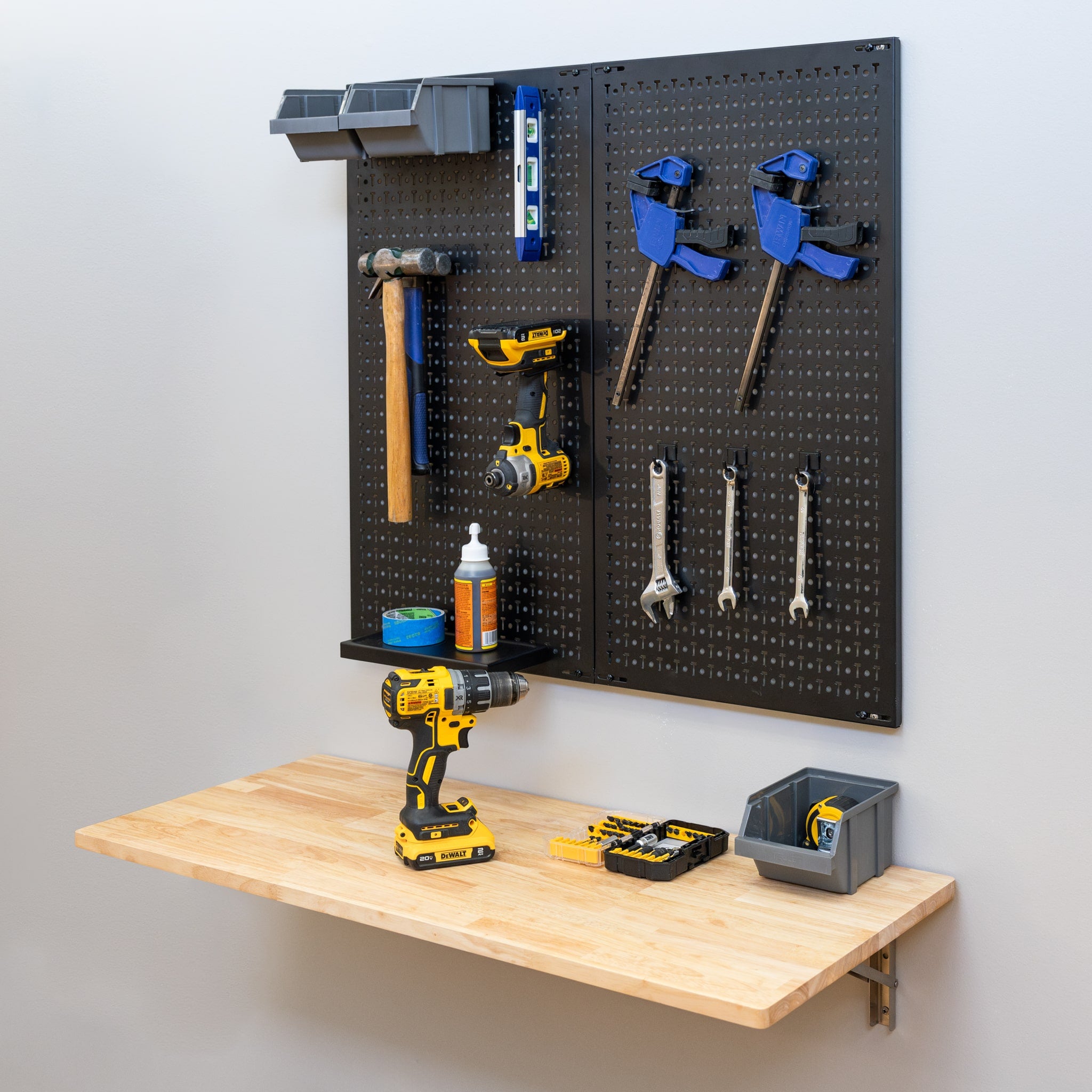 Steel Pegboard Bench YATON Wall Mounted Folding Workbench With Pegboard – Heavy-Duty Steel Work Table, Rubberwood Top, 440 Lb Capacity, Space-Saving For Garage & Workshop (Black)