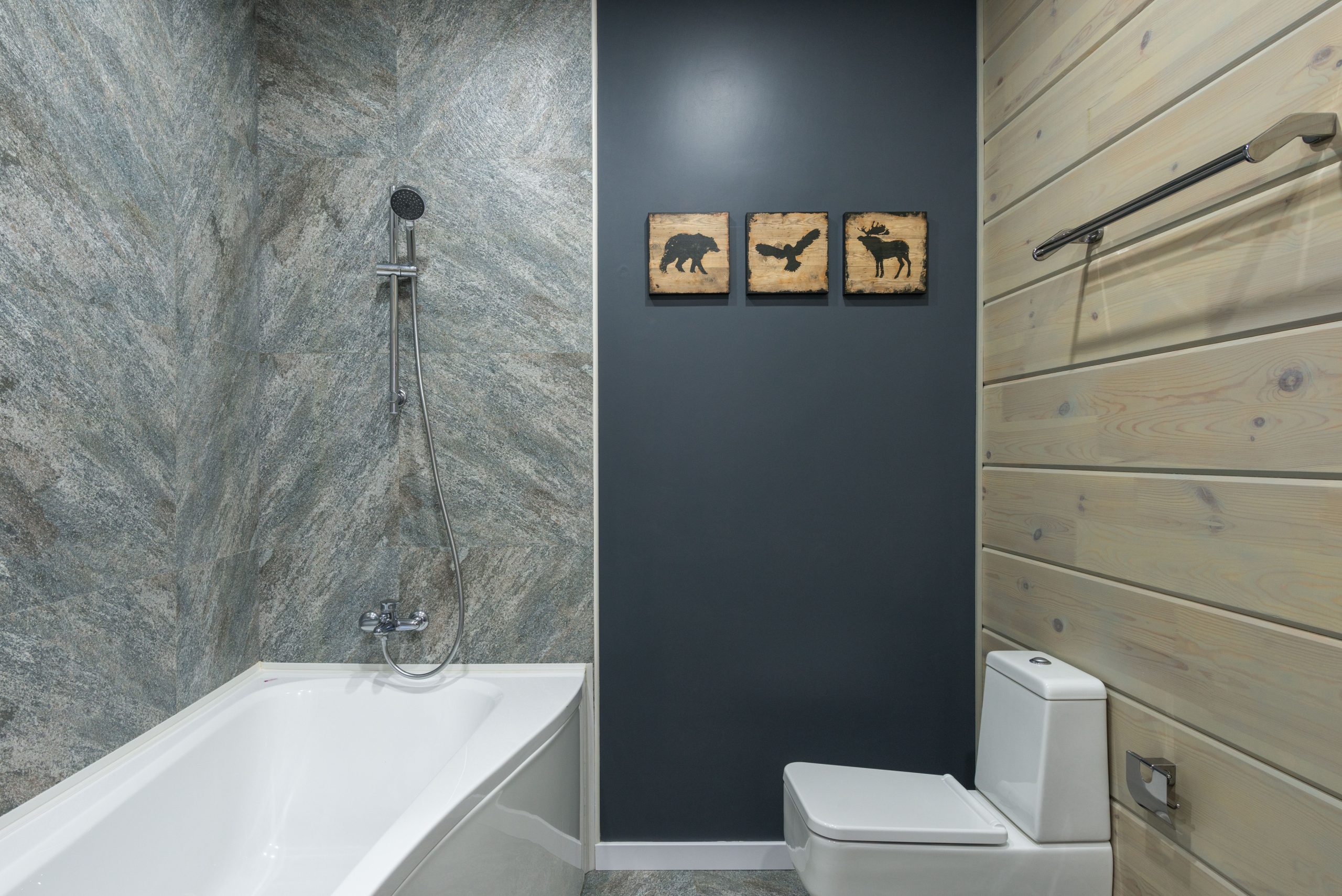 Stylish interior with bathtub shower and toilet in modern bathroom with tilled and wooden walls and decor