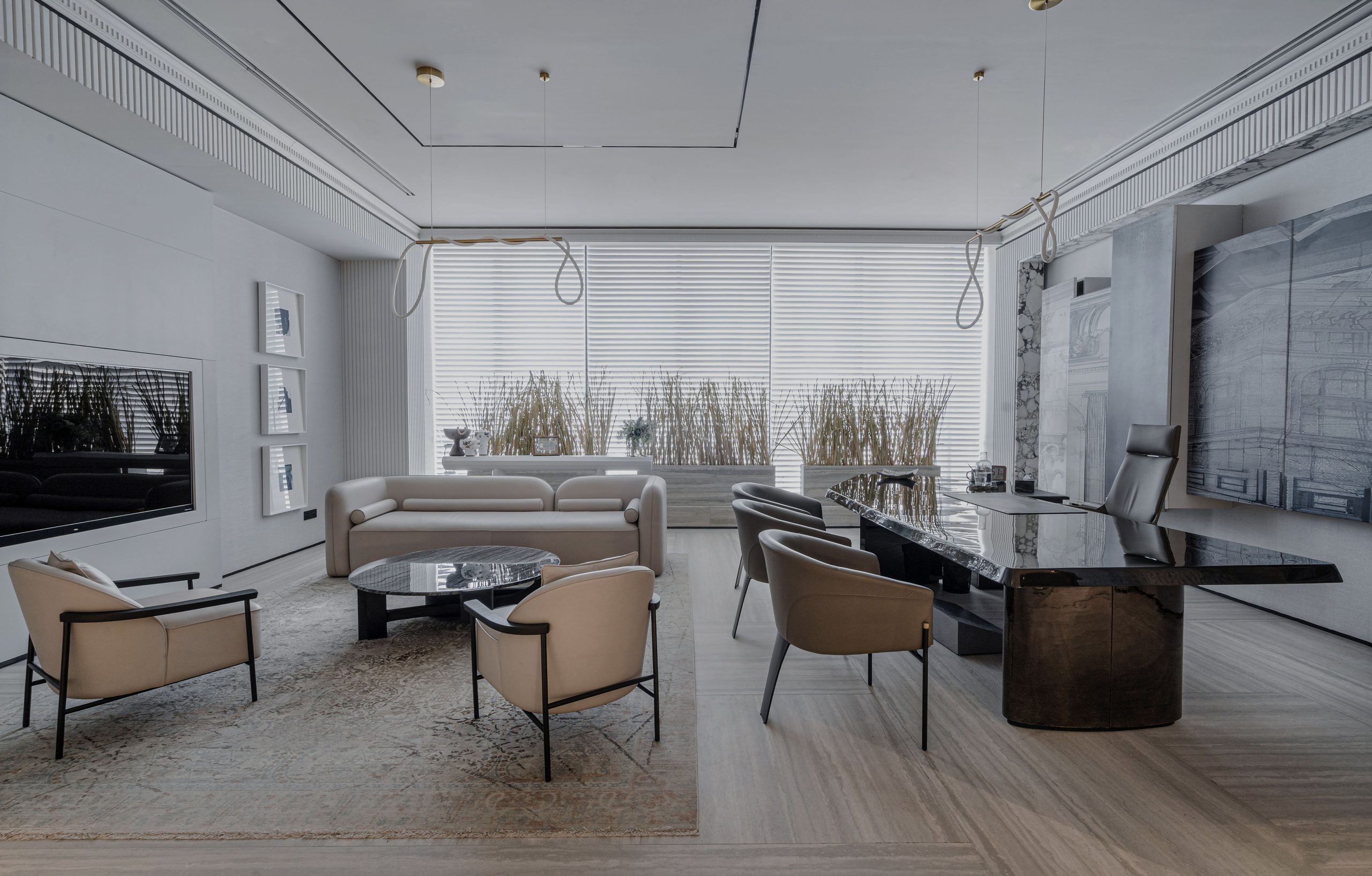 Stylish modern office with luxury furniture, elegant design.