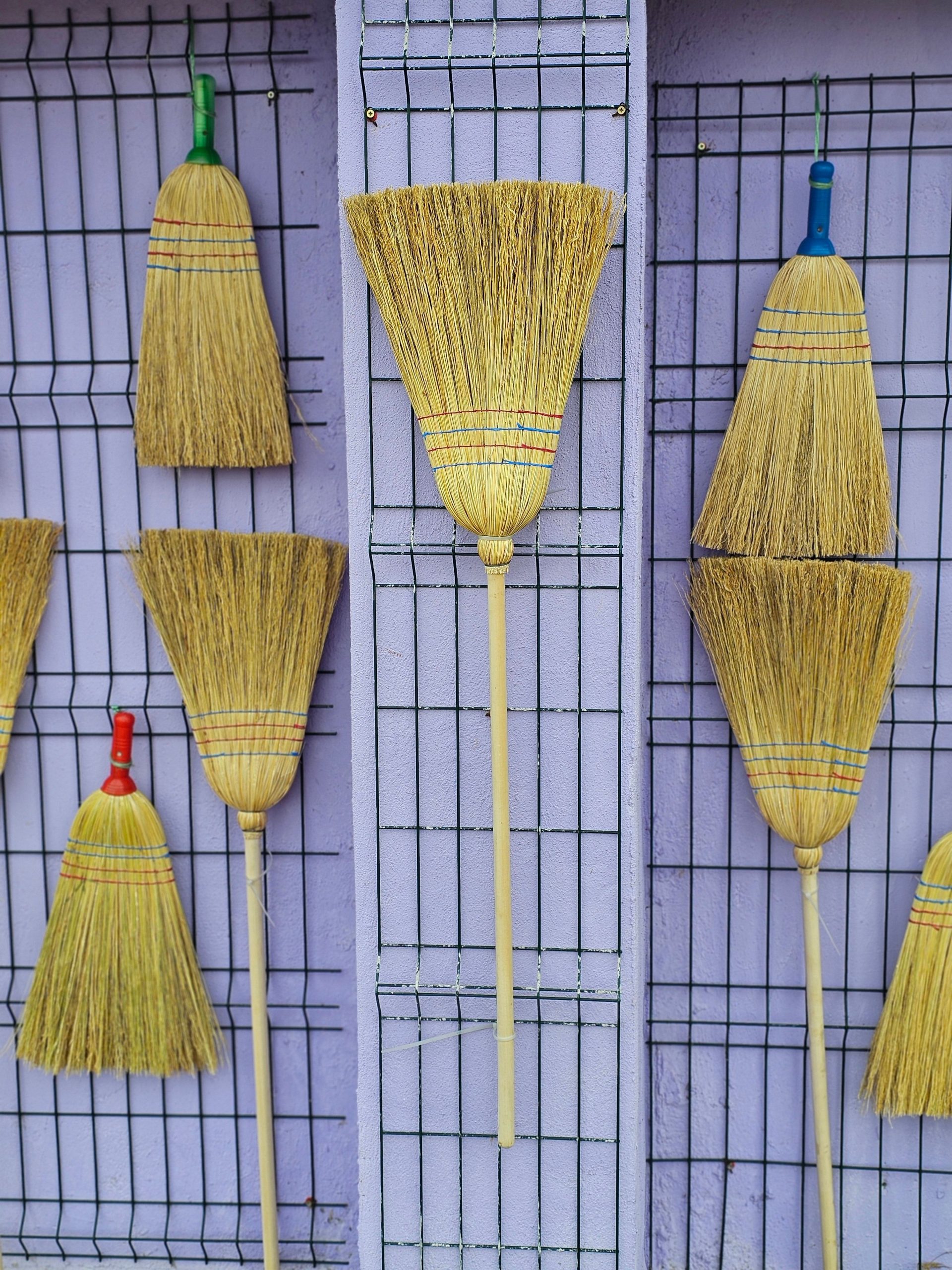 Vertical shot of brooms hanging on a purple wall, showcasing vibrant colors and natural textures.