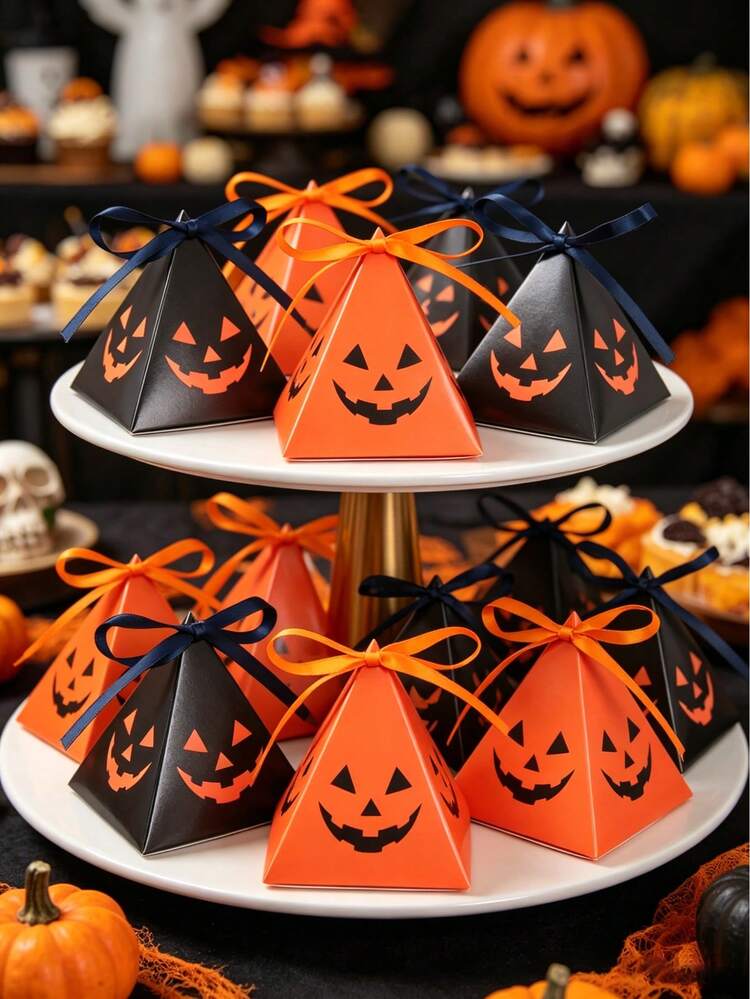 12pcs Halloween Gift Boxes & Bags, Triangle Candy Gift Boxes With Pumpkin Pattern, Halloween Party Favor Bags, Halloween Party Supplies, Tabletop Decor, Halloween Party Decorations, Halloween Decora