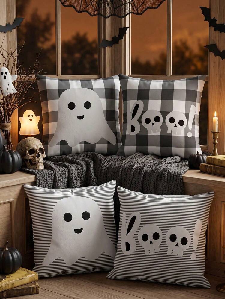 1pc/4pcs Halloween Cute Ghost Throw Pillow Cover, Cushion Cover, Bedding, Comfortable And Easy To Care, Living Room Sofa Decorative Pillowcase, Halloween Room Decor, Single-Sided Print, Zipper ...