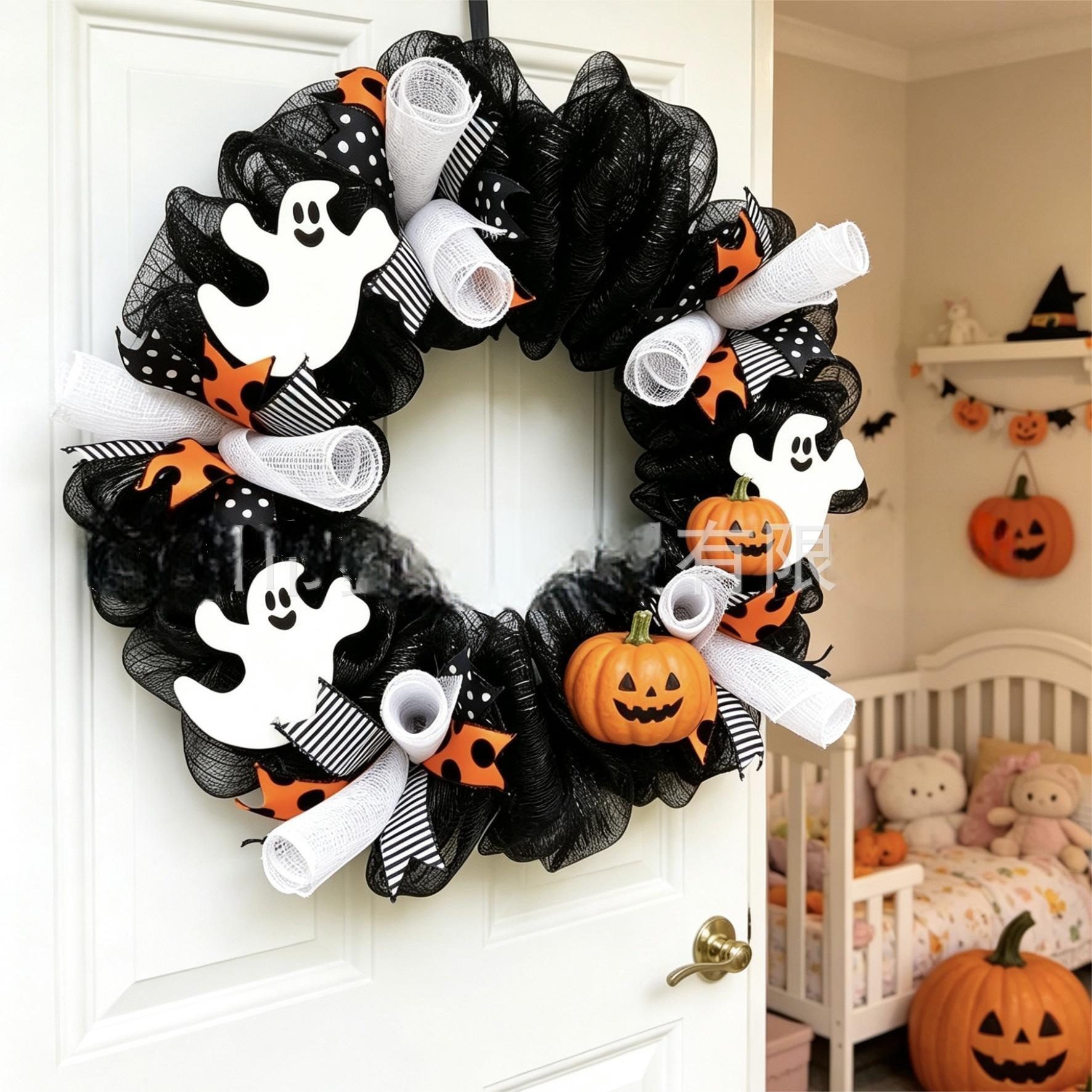 2026 New Halloween Ghost Wreath, Black White Mesh Door Hanger, Courtyard Front Door Decor – cabinetwreaths.com