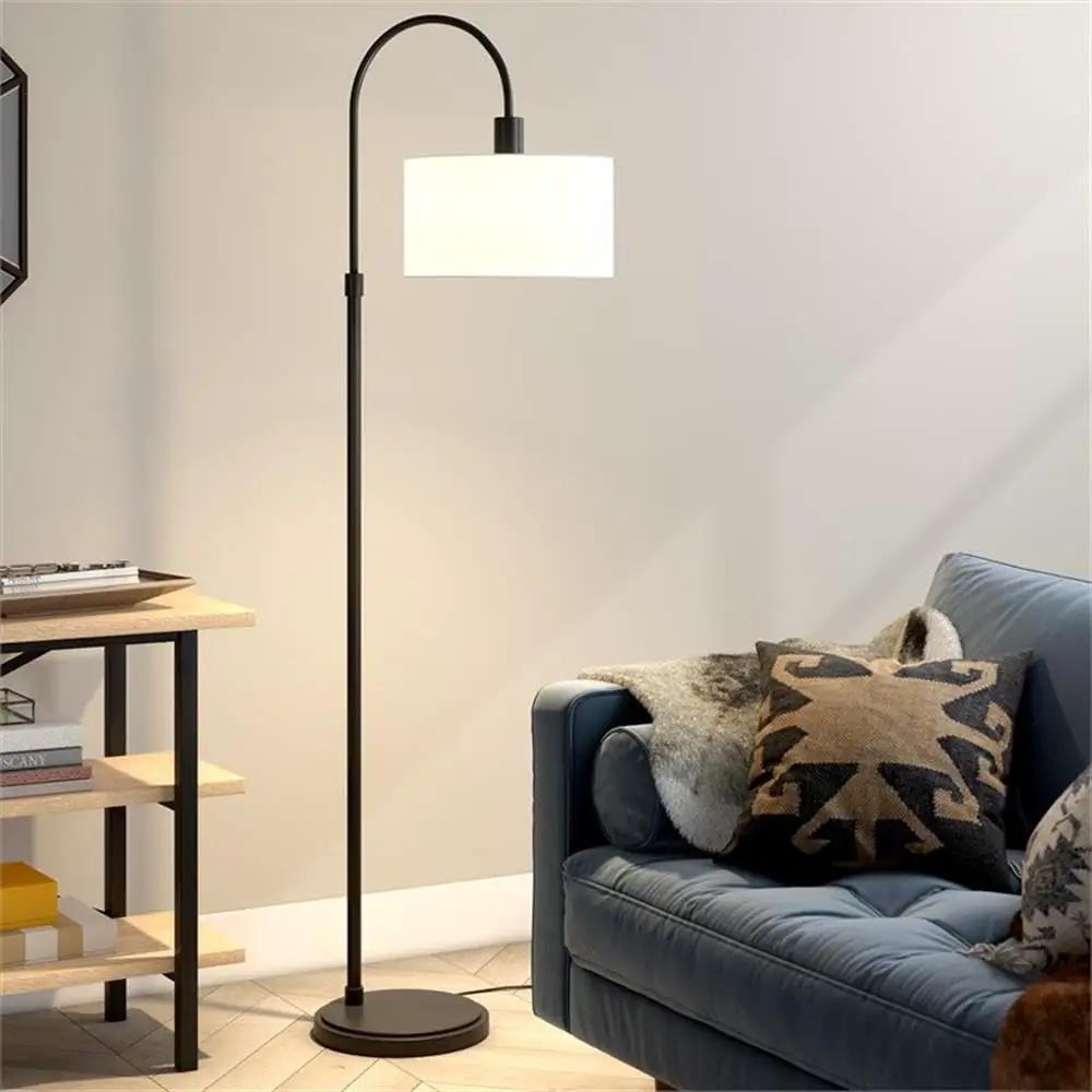 70 Inch Arc Floor Lamp With Fabric Shade In Brass White Modern Curved Arm Reading Light