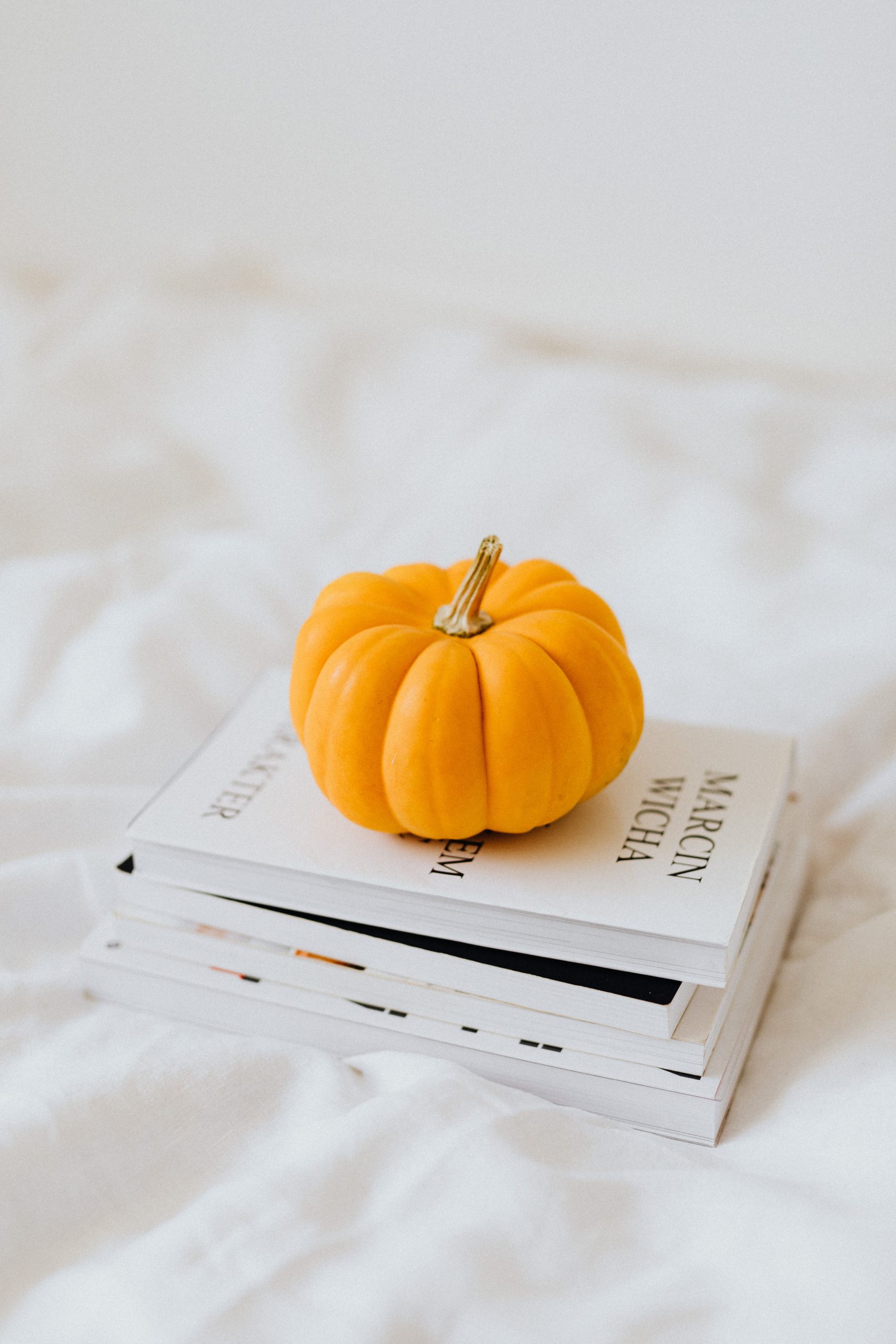 A bright mini pumpkin resting on a stack of books with a white background, evoking a cozy autumn feel.