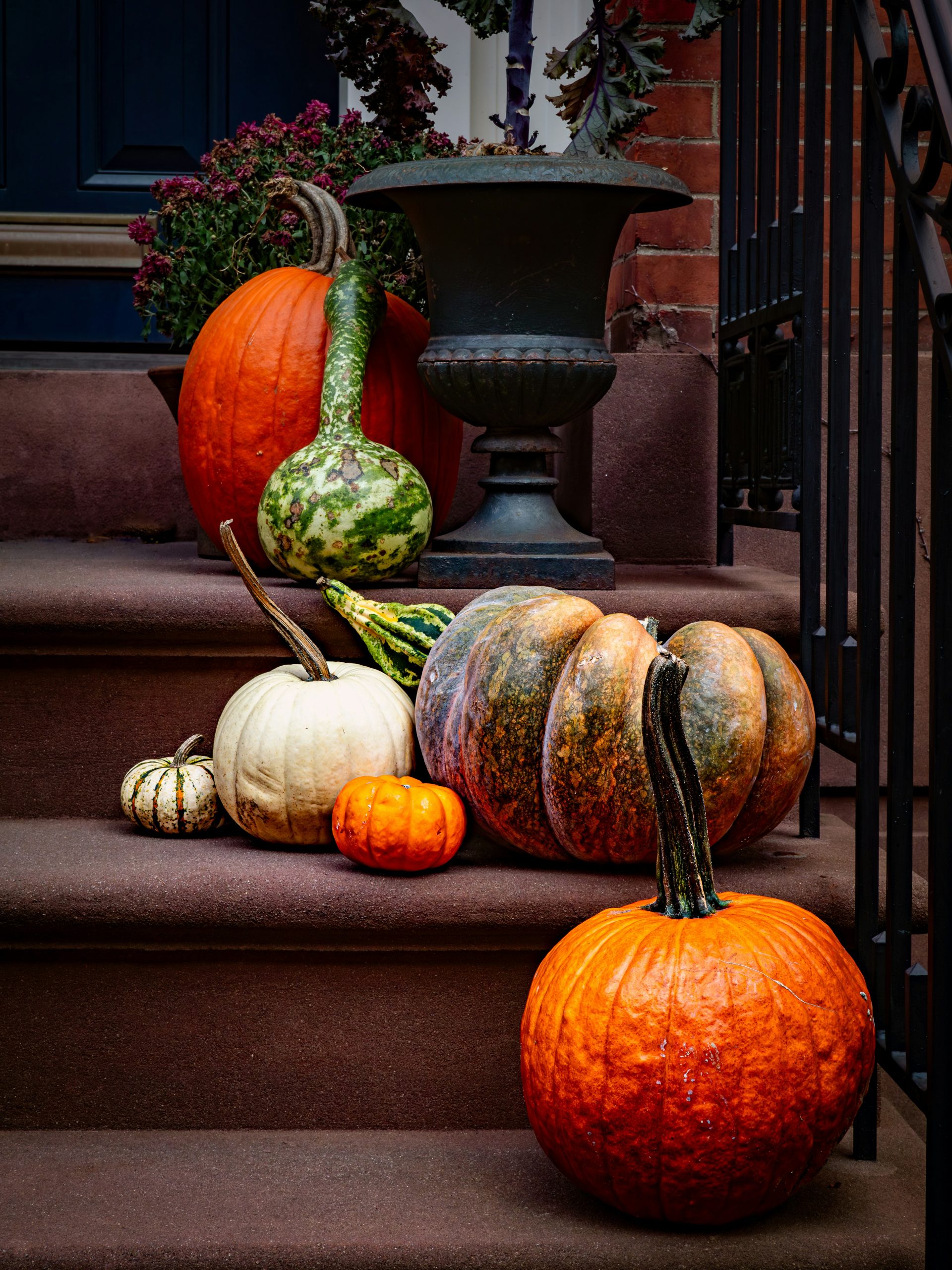 A collection of pumpkins on some door steps around Halloween