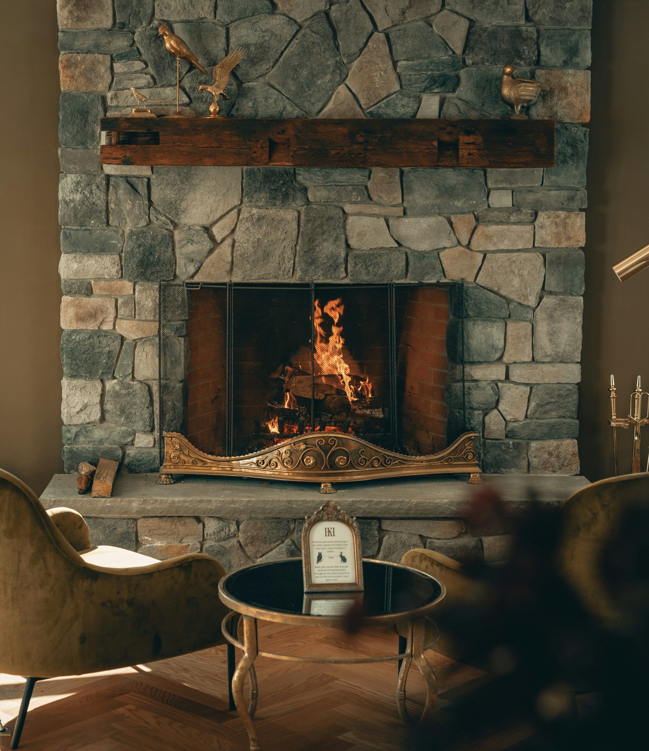 A cozy fire at Kenoza Hall (IG: @clay.banks)