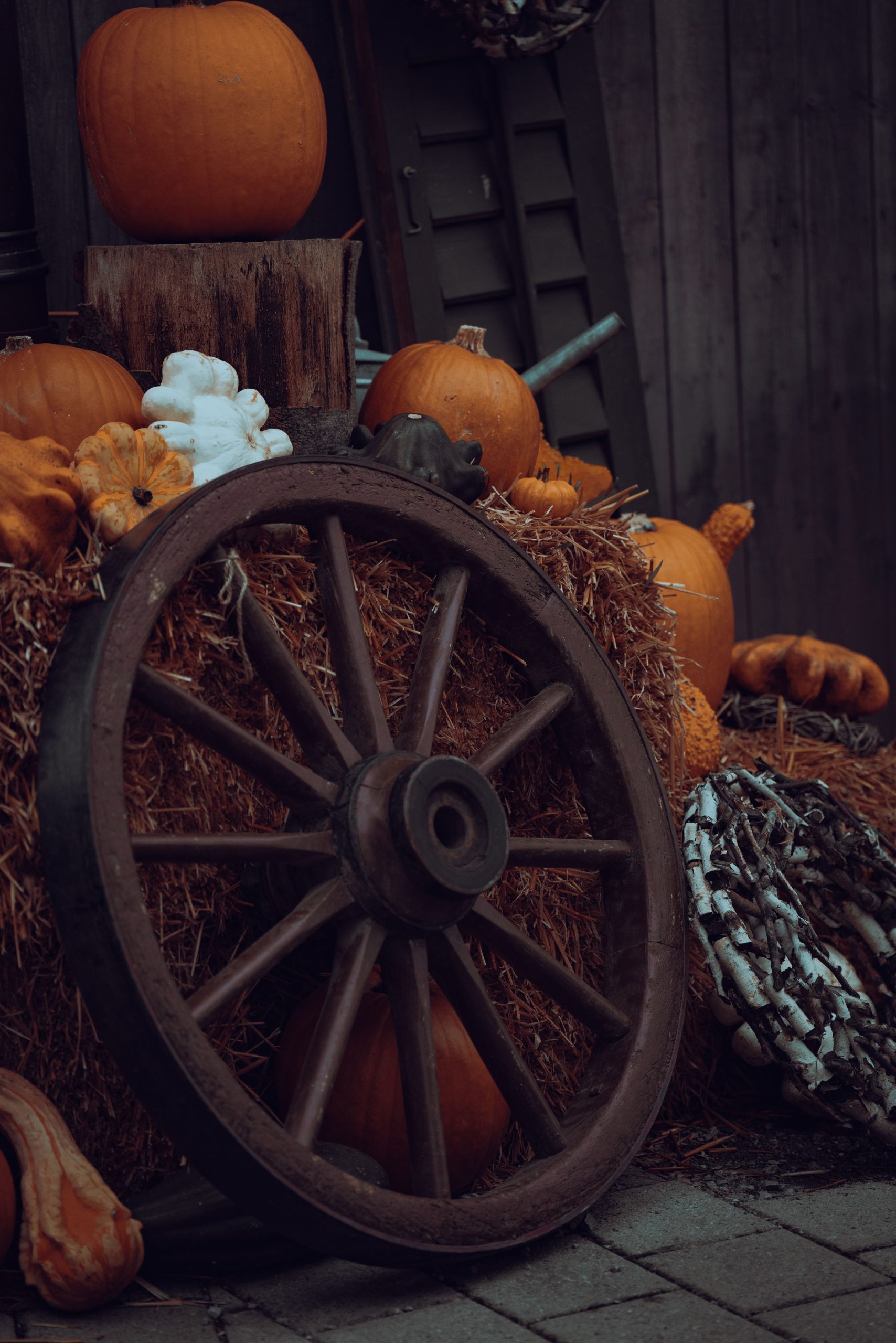 A rustic autumn scene featuring pumpkins, hay, and a vintage wooden wheel, embodying the fall harvest spirit.