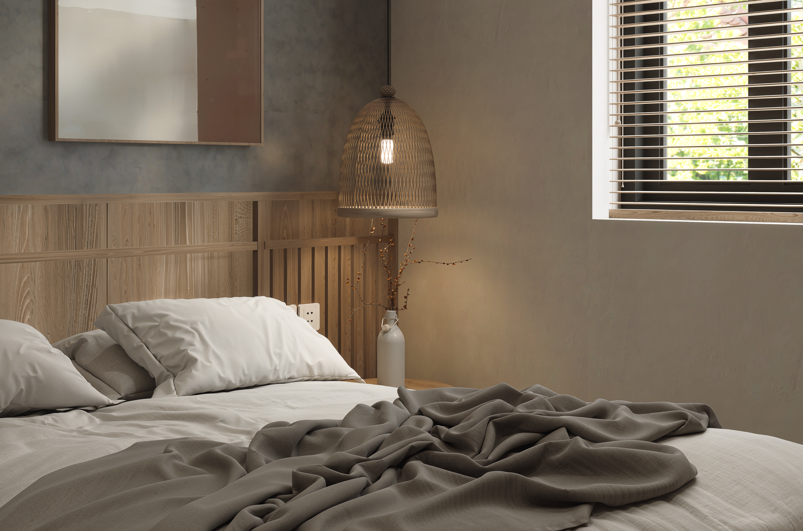 A serene modern bedroom with elegant decor and soft lighting, perfect for relaxation.