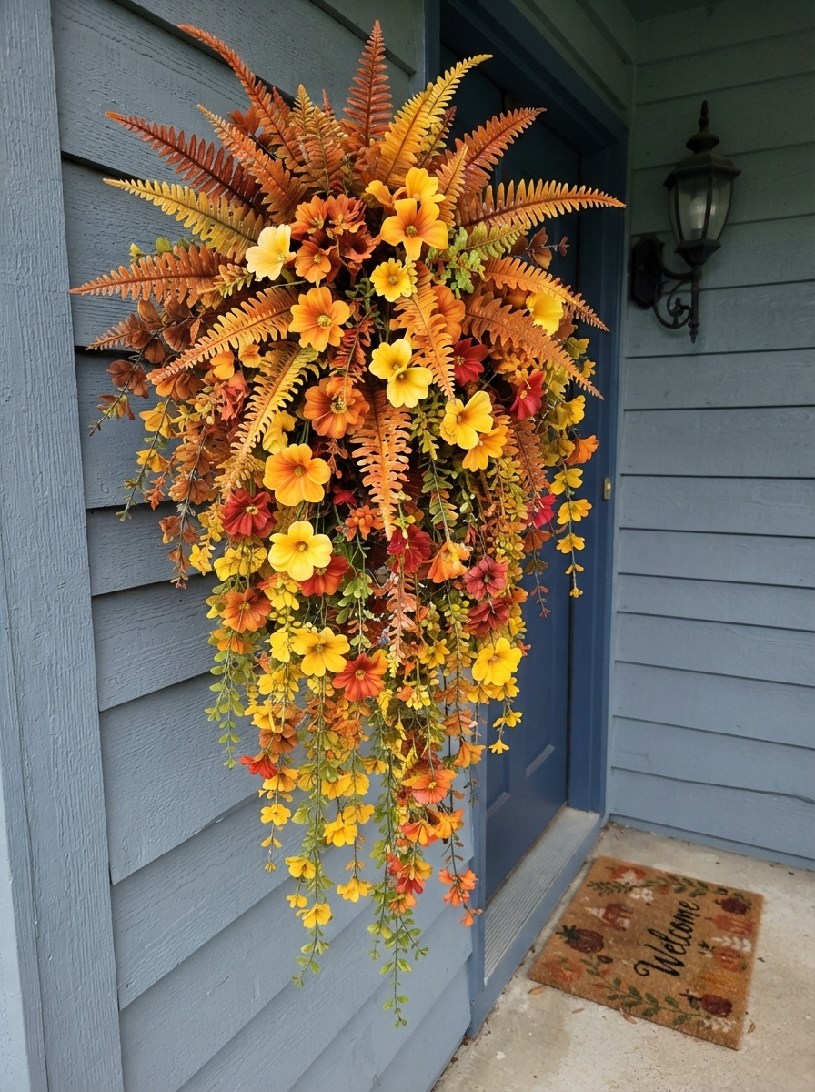 🍂 Artificial Fall Harvest Hanging Basket – Autumn Porch & Door Decoration