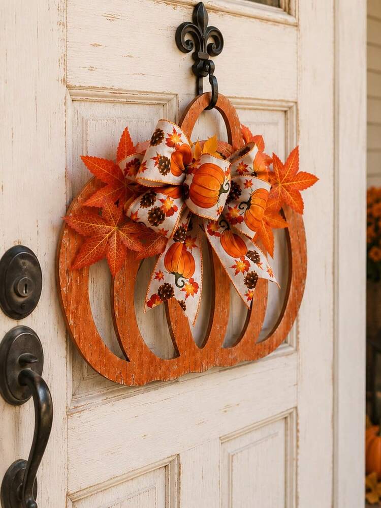 Autumn Pumpkin Door Hanging Decor, Pumpkin Wreath With Bow And Artificial Maple Leaves, Suitable For Thanksgiving Harvest Season Front Door Decoration, Autumn American Farmhouse Porch, Wall, Window,