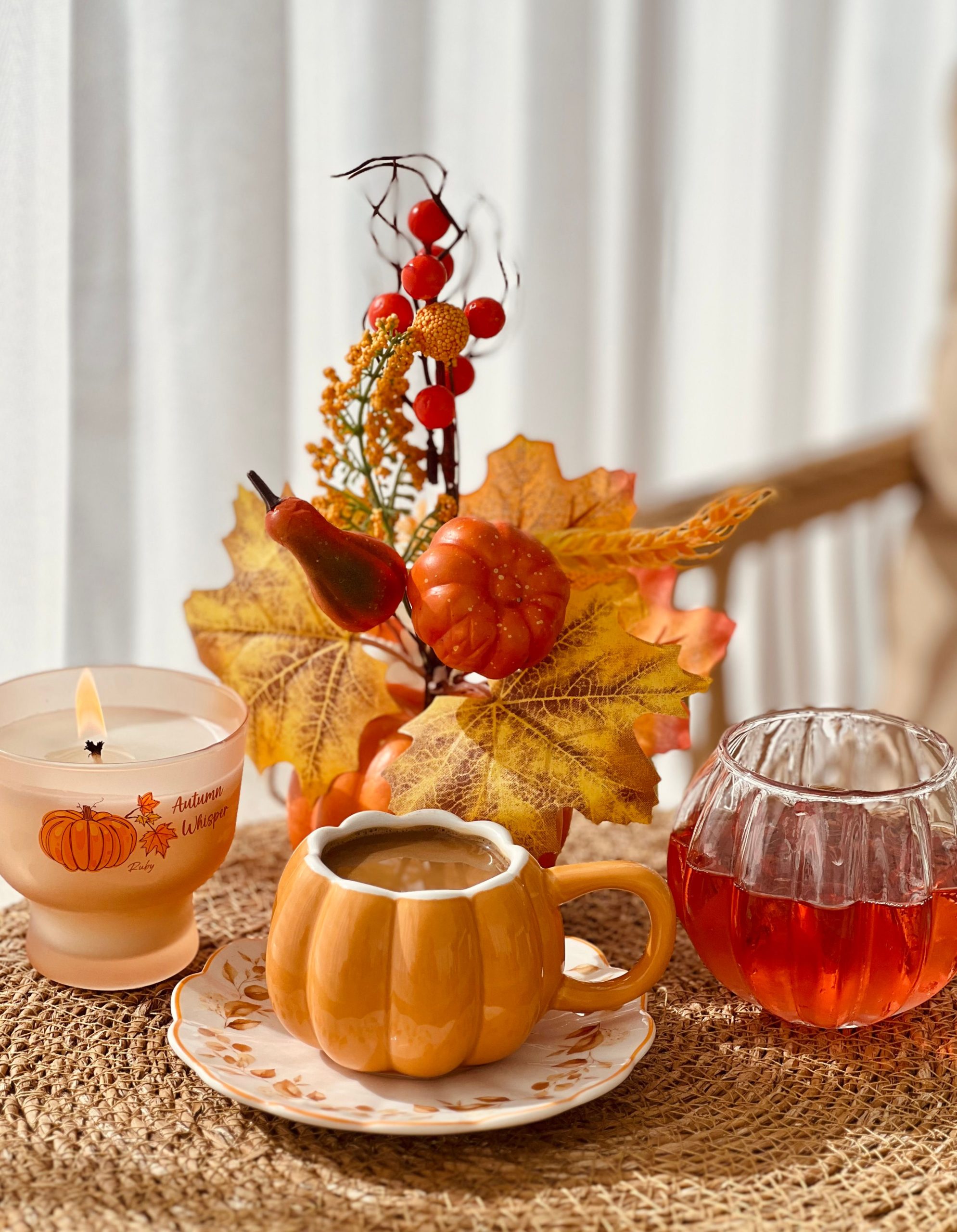 Autumn-Themed Coffee and Tea Setup with Leaves · Free Stock Photo