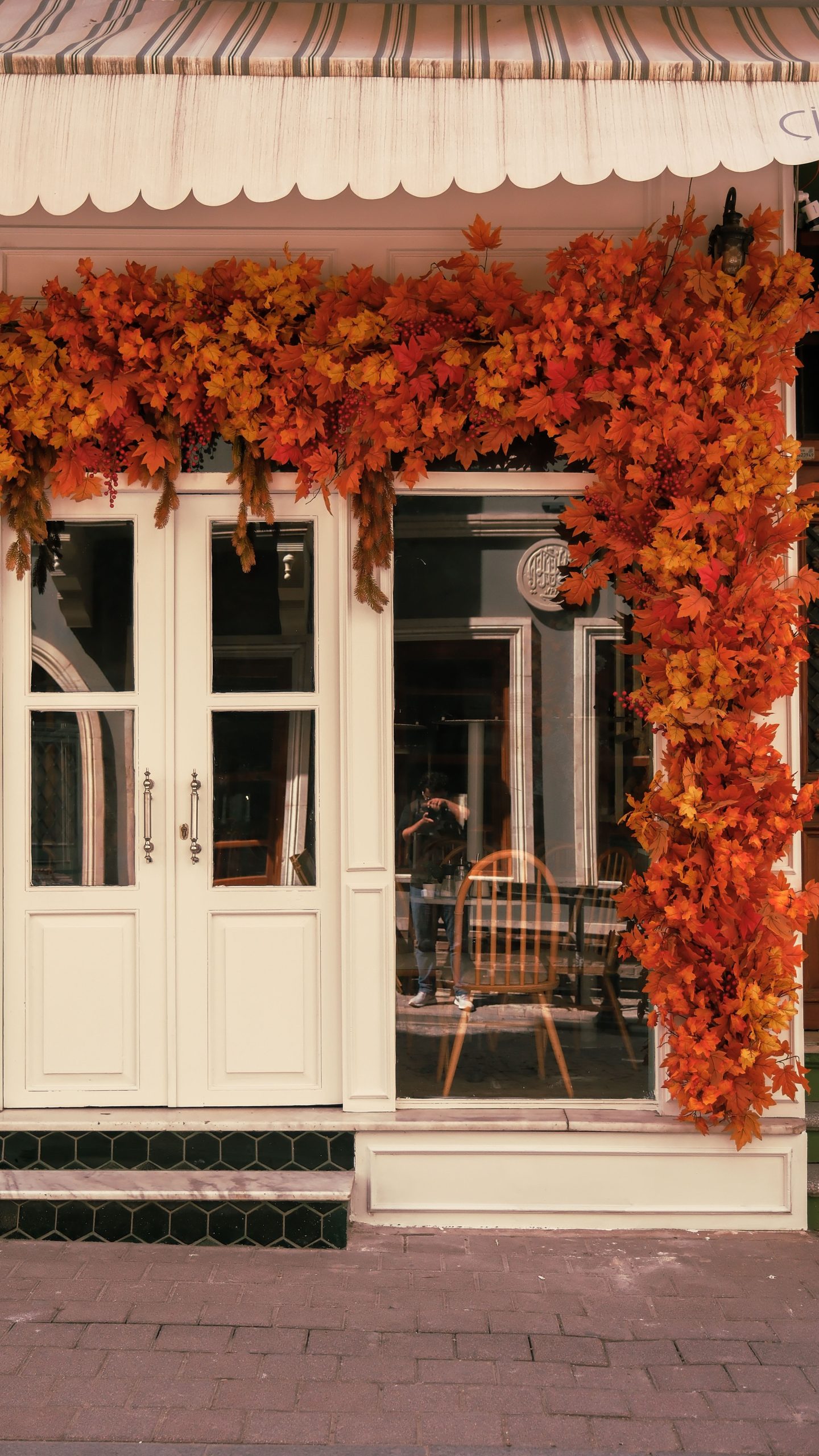 Beautiful autumn leaves adorn a cozy shop entrance, creating a warm and inviting atmosphere.