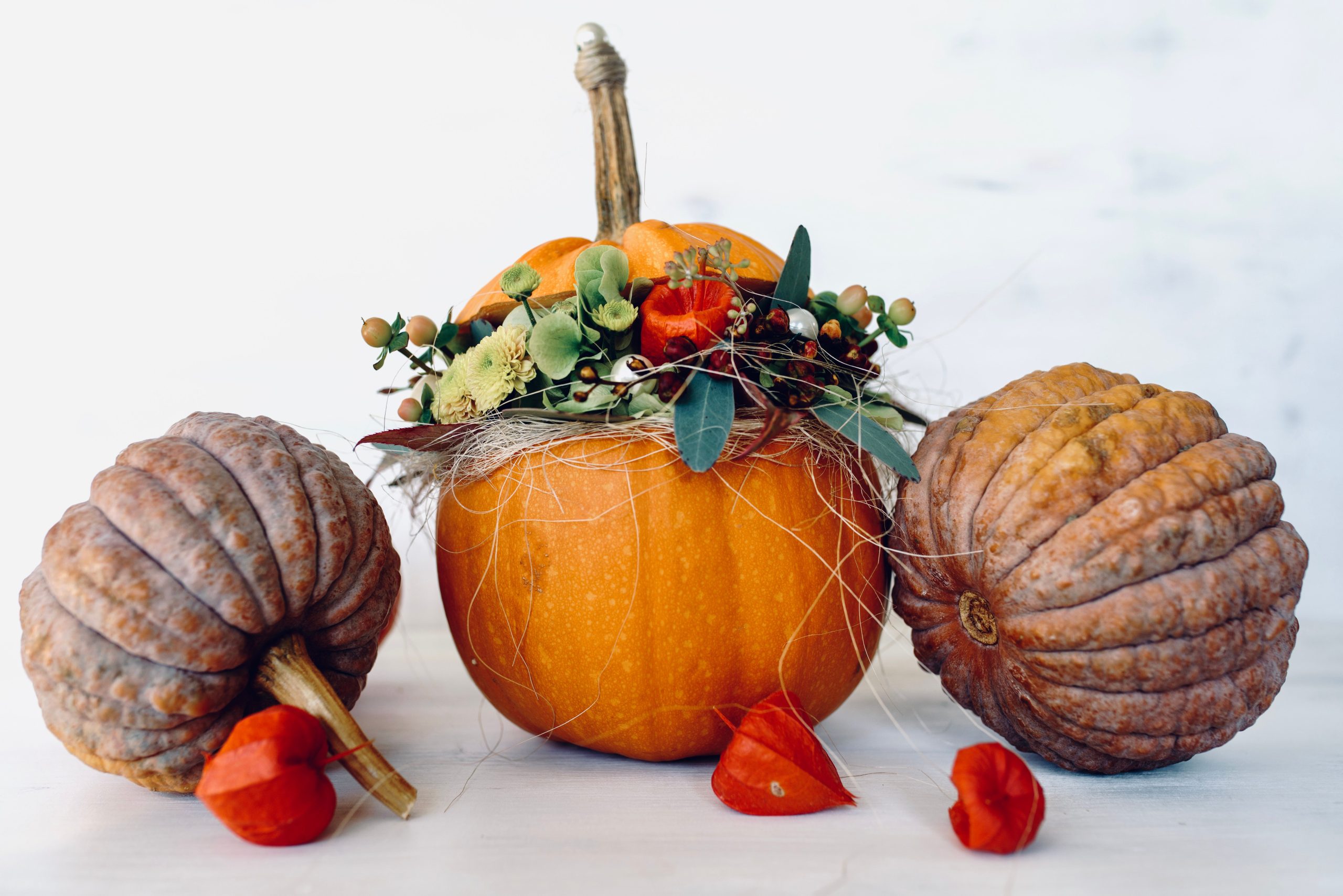 Beautiful decorative arrangement of pumpkins and gourds with vibrant fall foliage capturing the essence of autumn.