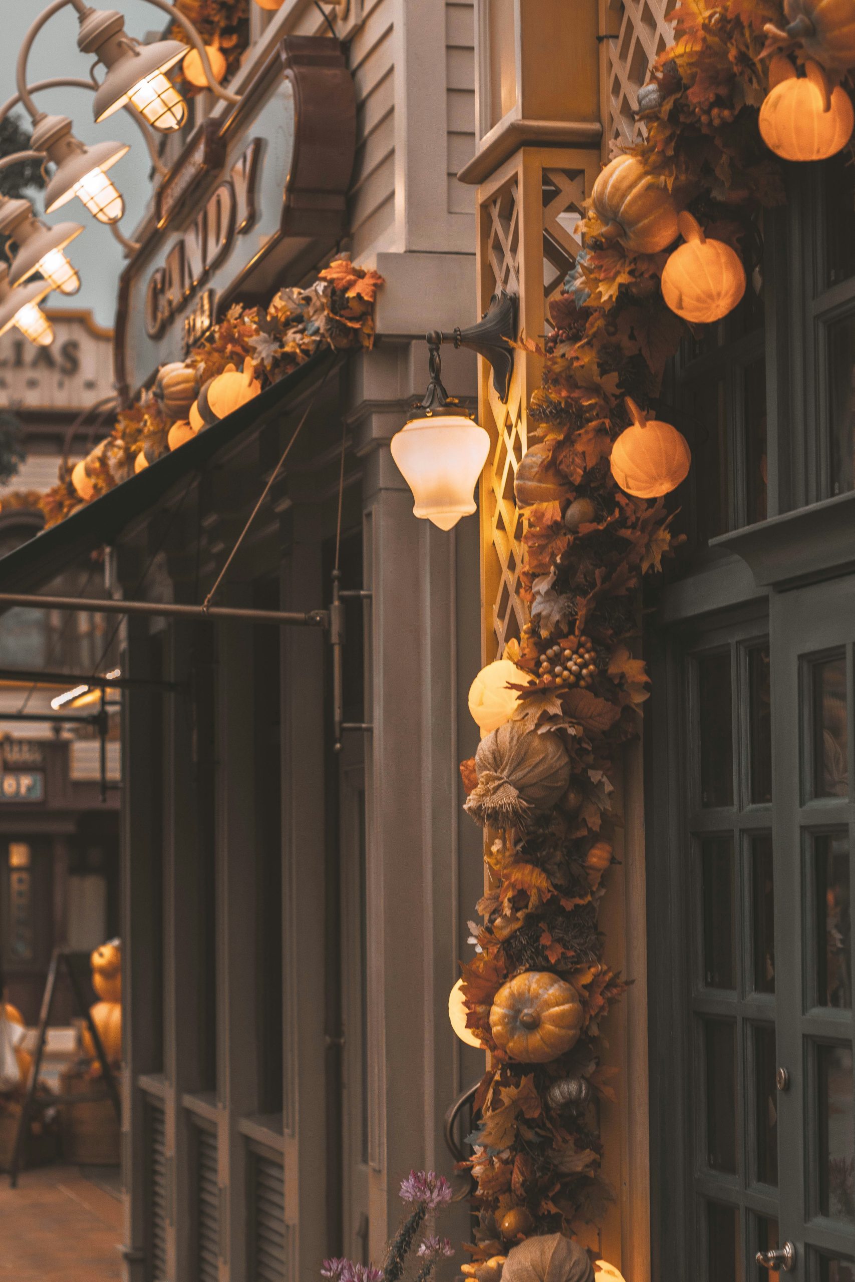 building with pumpkin ornaments