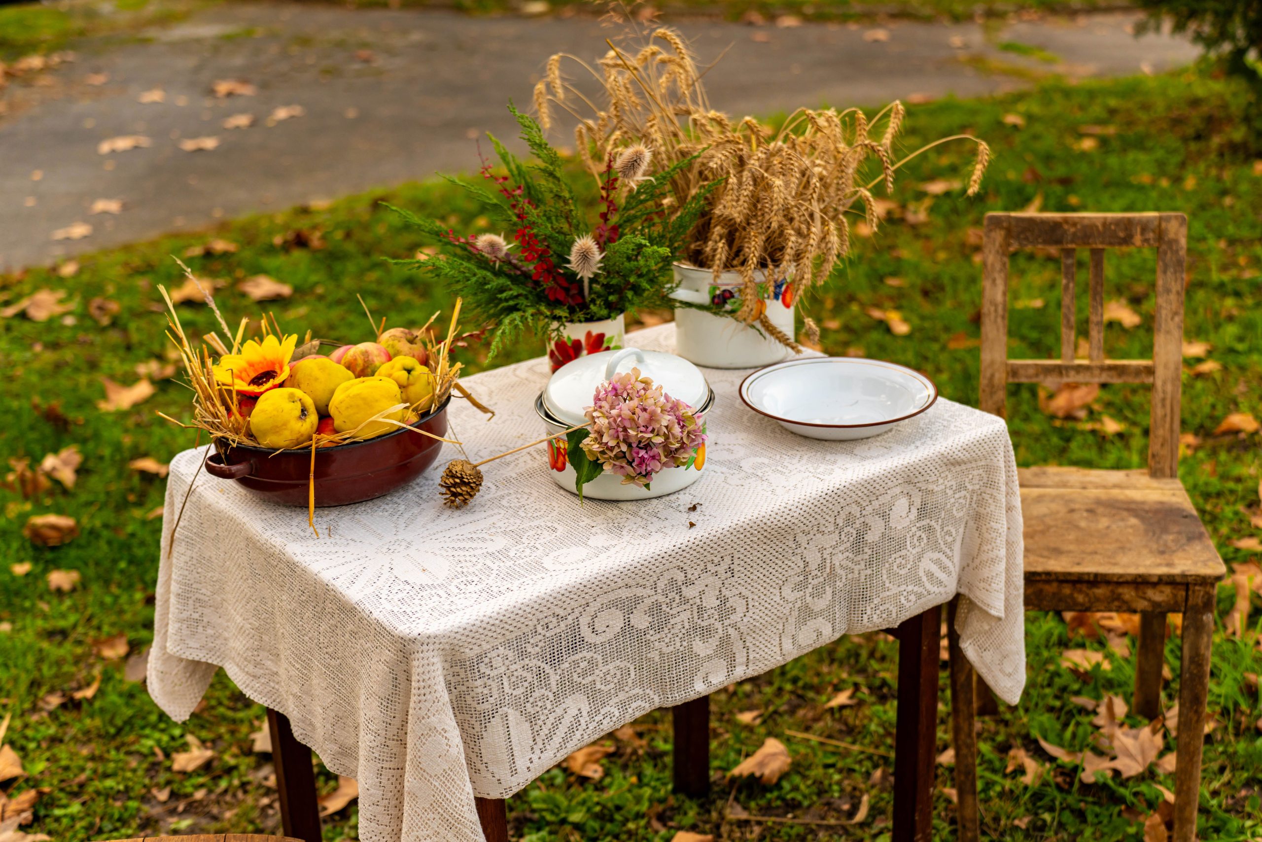 Charming autumn table decor with fruits and flowers in a Croatian garden setting.