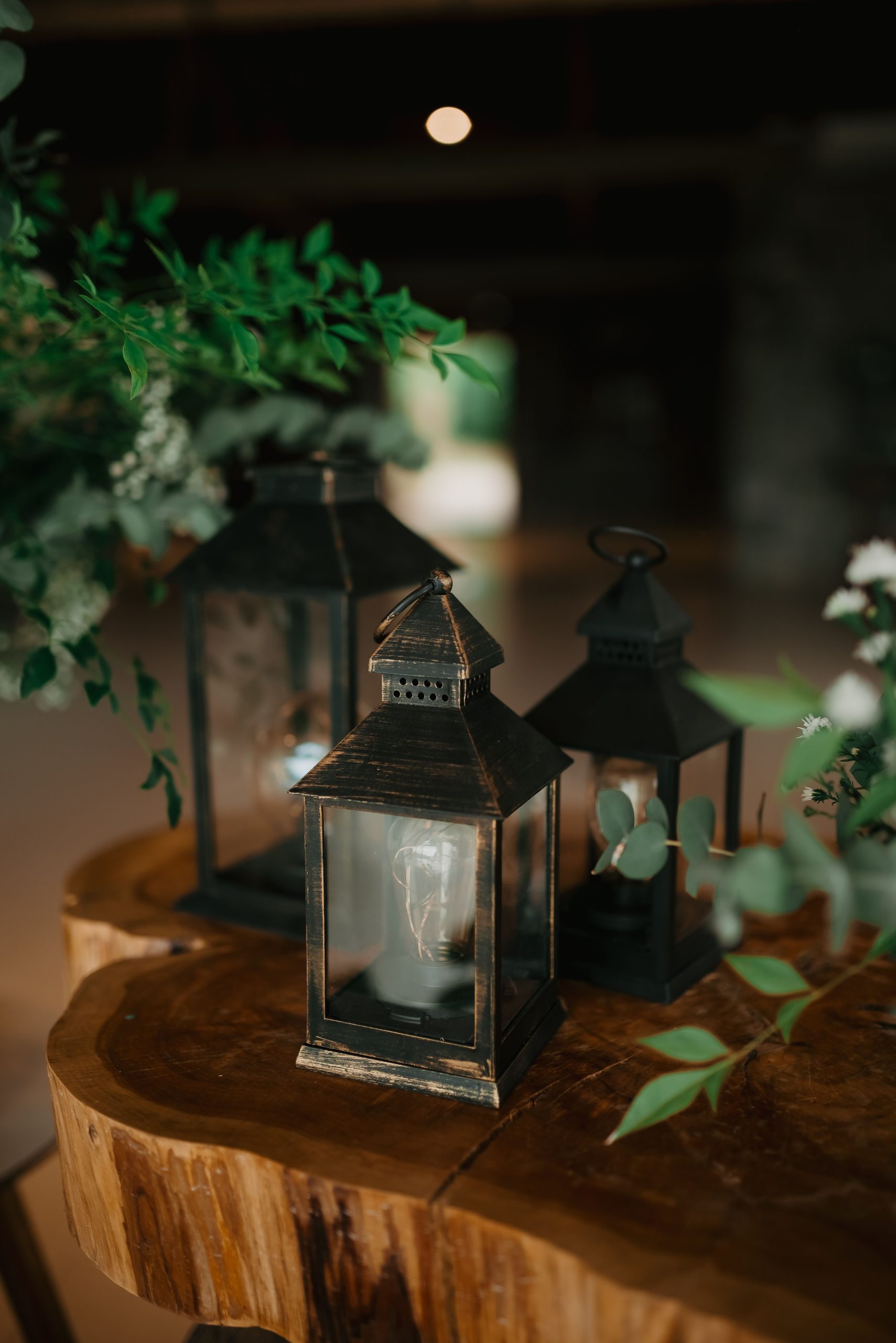 Charming rustic lanterns on a wooden table surrounded by lush green foliage, creating a cozy ambiance.