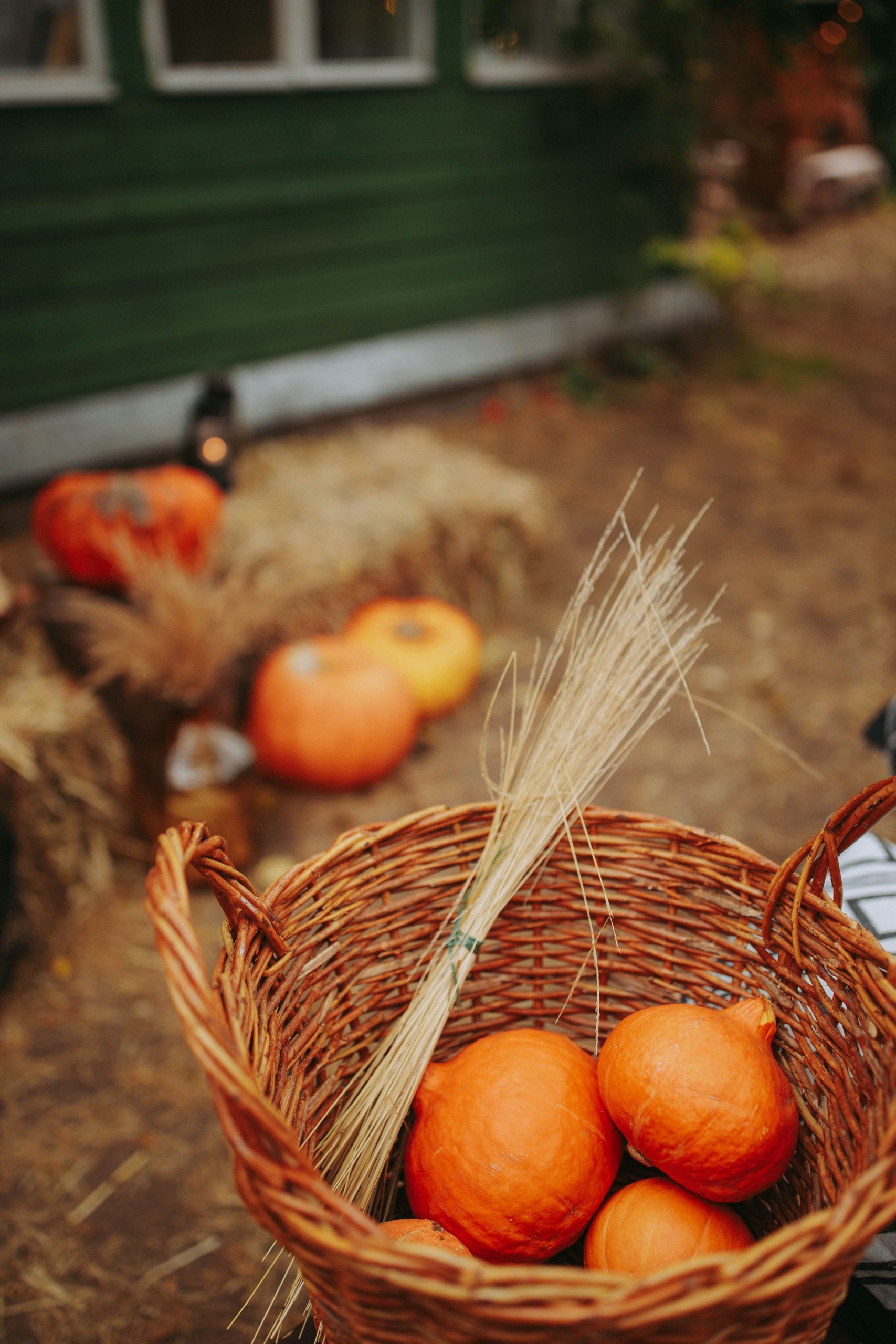 Cozy autumn scene with pumpkins and hay bales in a rustic outdoor setting.