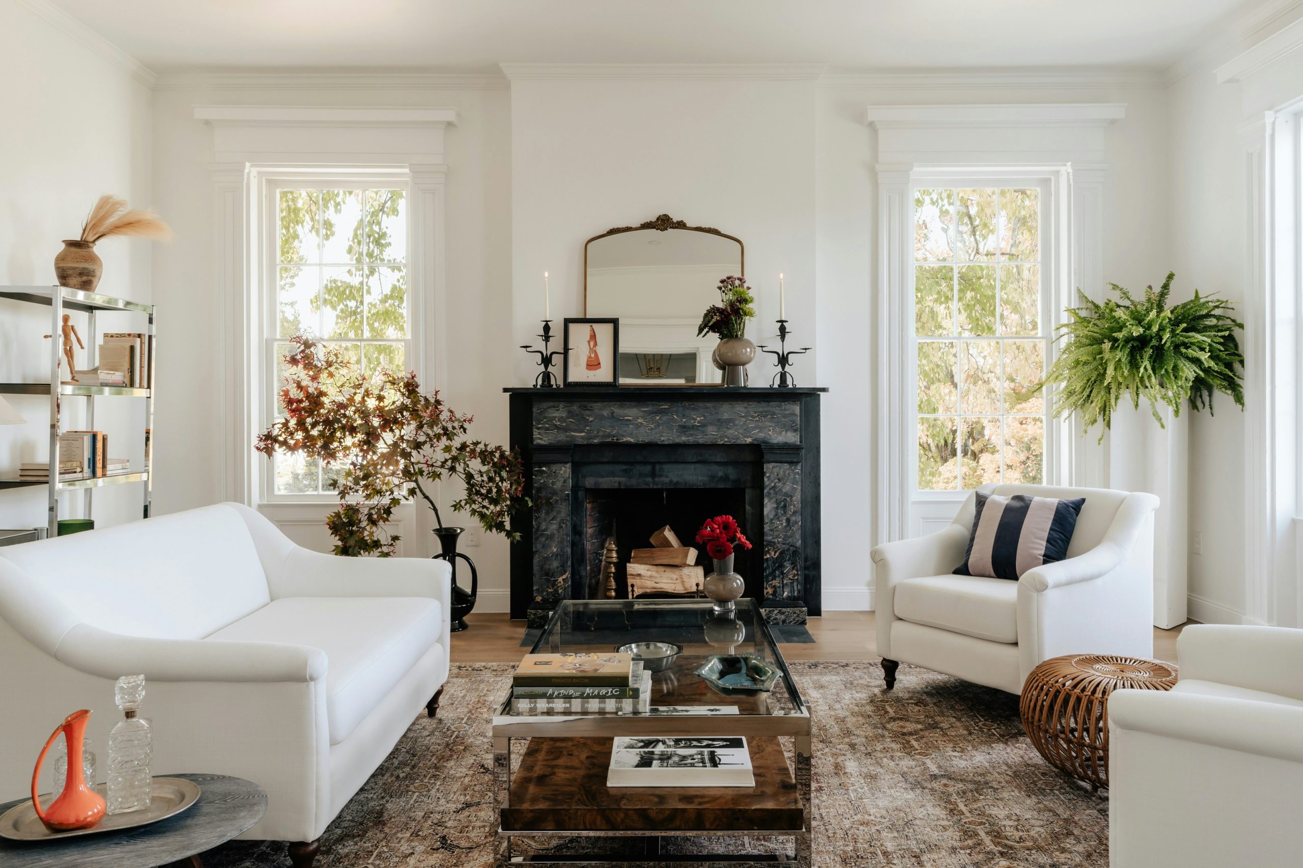 Cozy living room with fireplace (IG: @clay.banks)