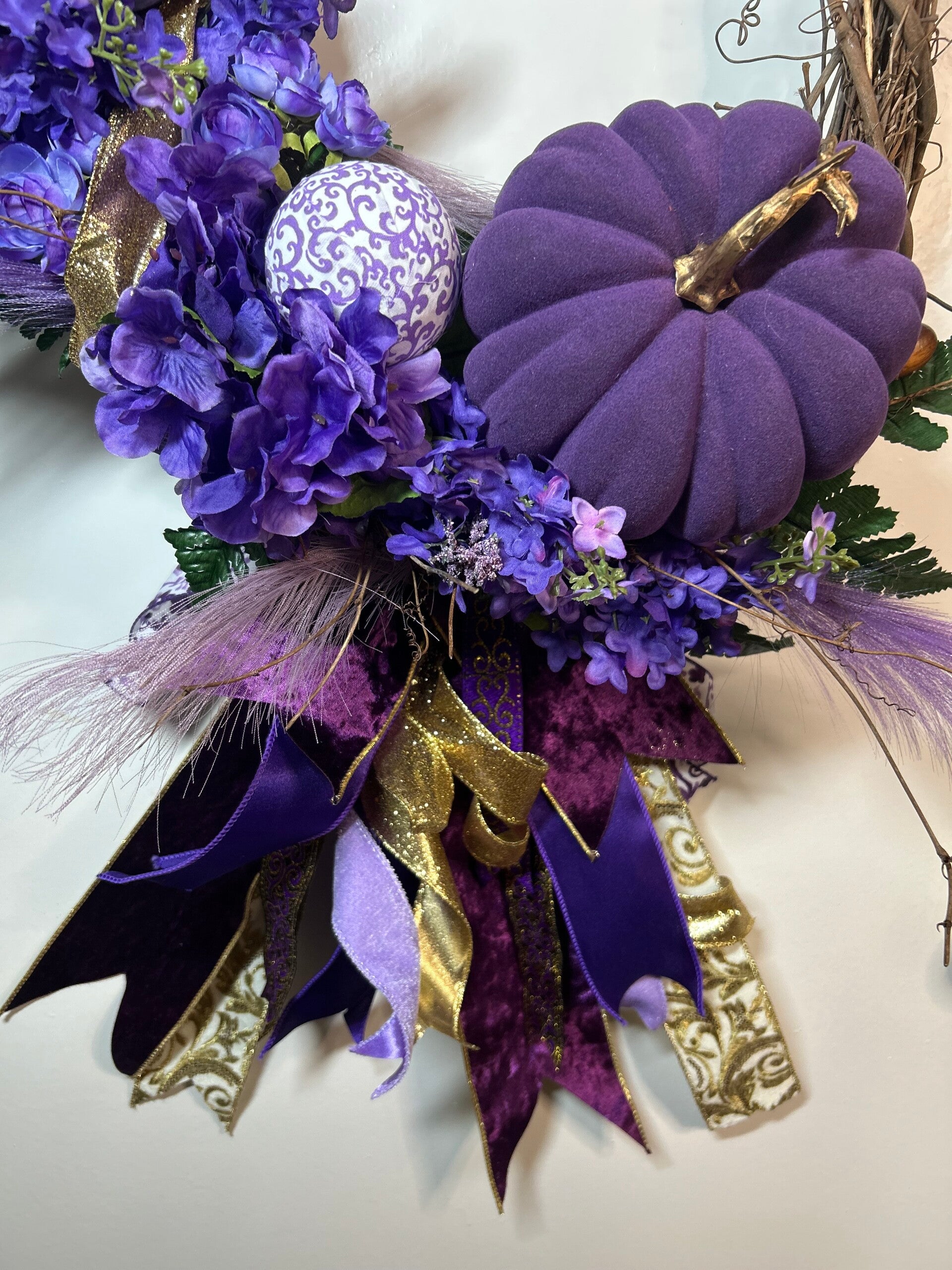 Elegant Fall Decor: Purple Velvet Pumpkin Wreath with Ribbon and Flowers - Front Door or Interior Decoration - Oval Grapevine Base