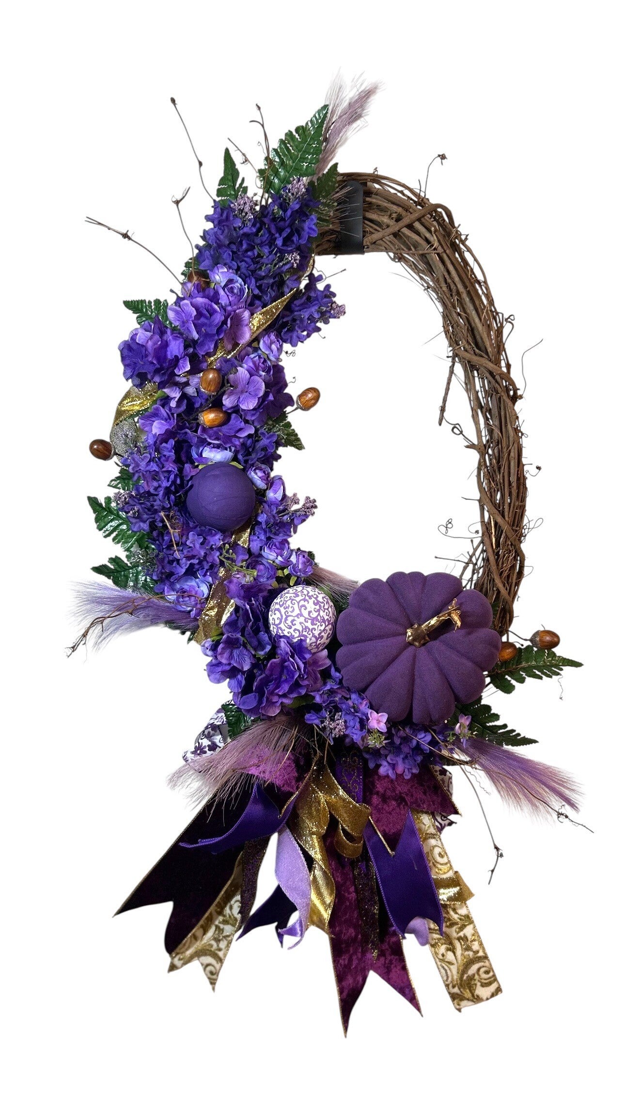Elegant Fall Decor: Purple Velvet Pumpkin Wreath with Ribbon and Flowers - Front Door or Interior Decoration - Oval Grapevine Base