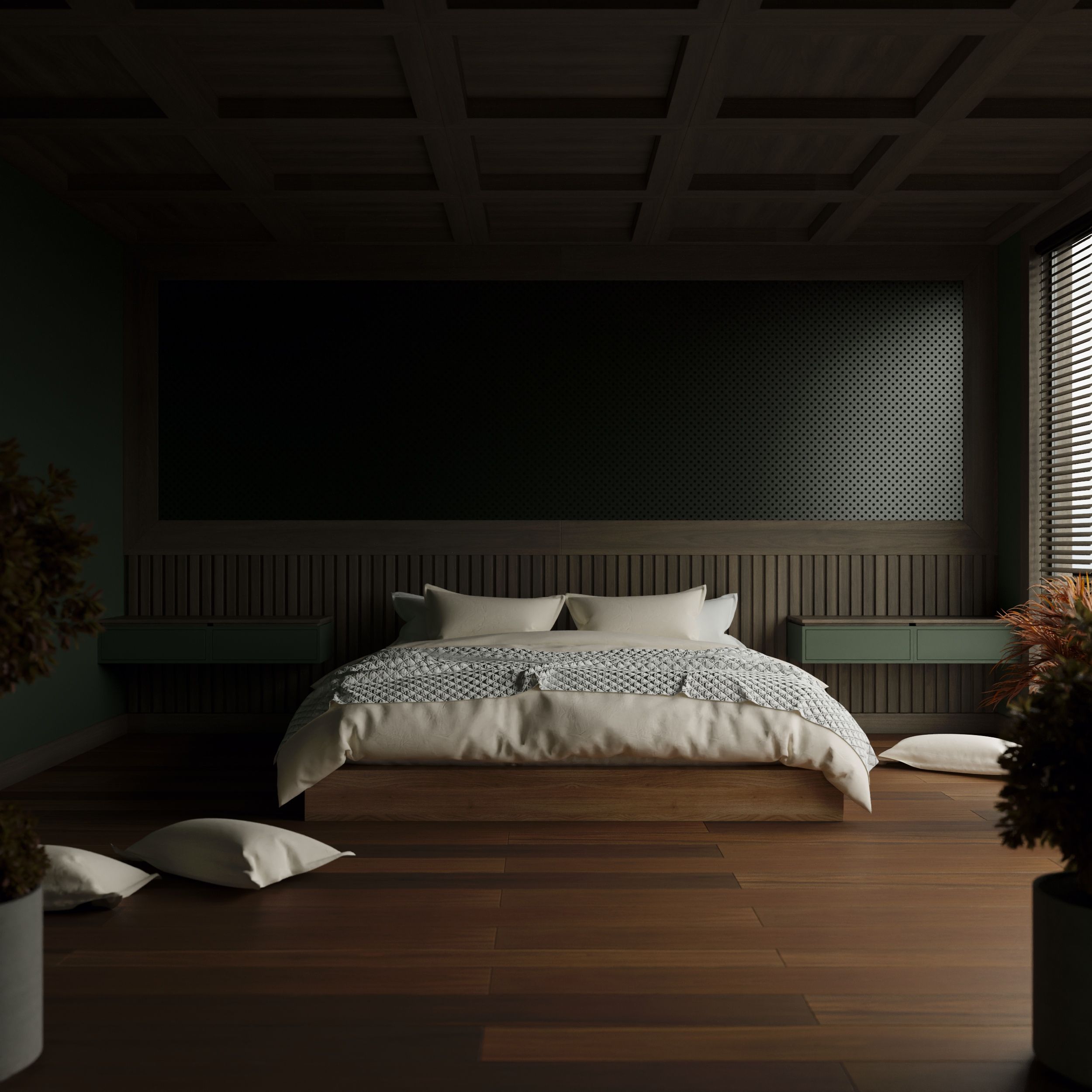 Elegant minimalist bedroom featuring a cozy bed and wooden floor.