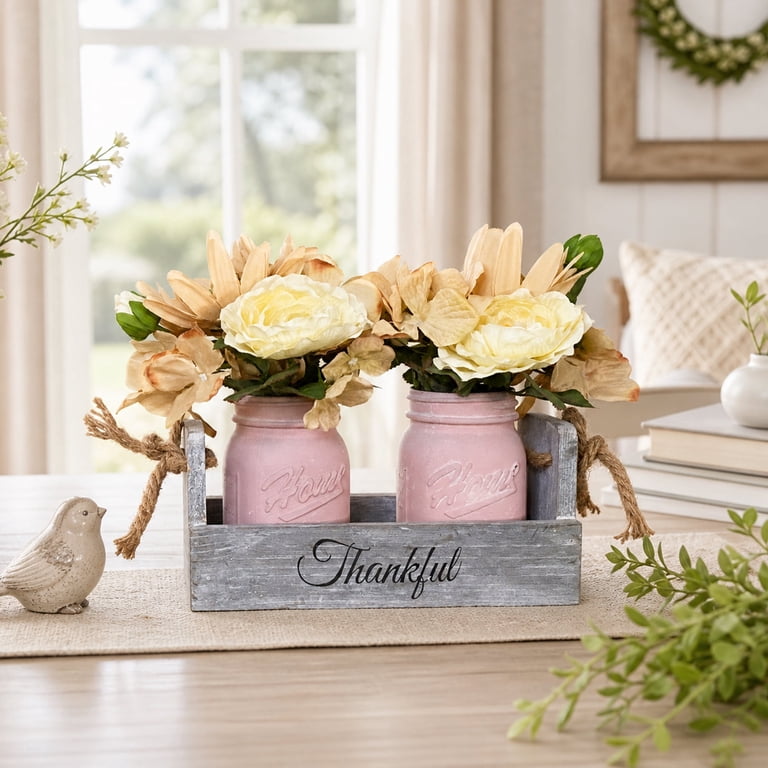 Fall Mason Centerpiece Mason Jar Centerpiece For Table, Island Centerpiece Decor With Pink Mason Jars,Rose Bouquet Flowers For Home,Coffee Table,Dining Room, New Home Housewarming Gift