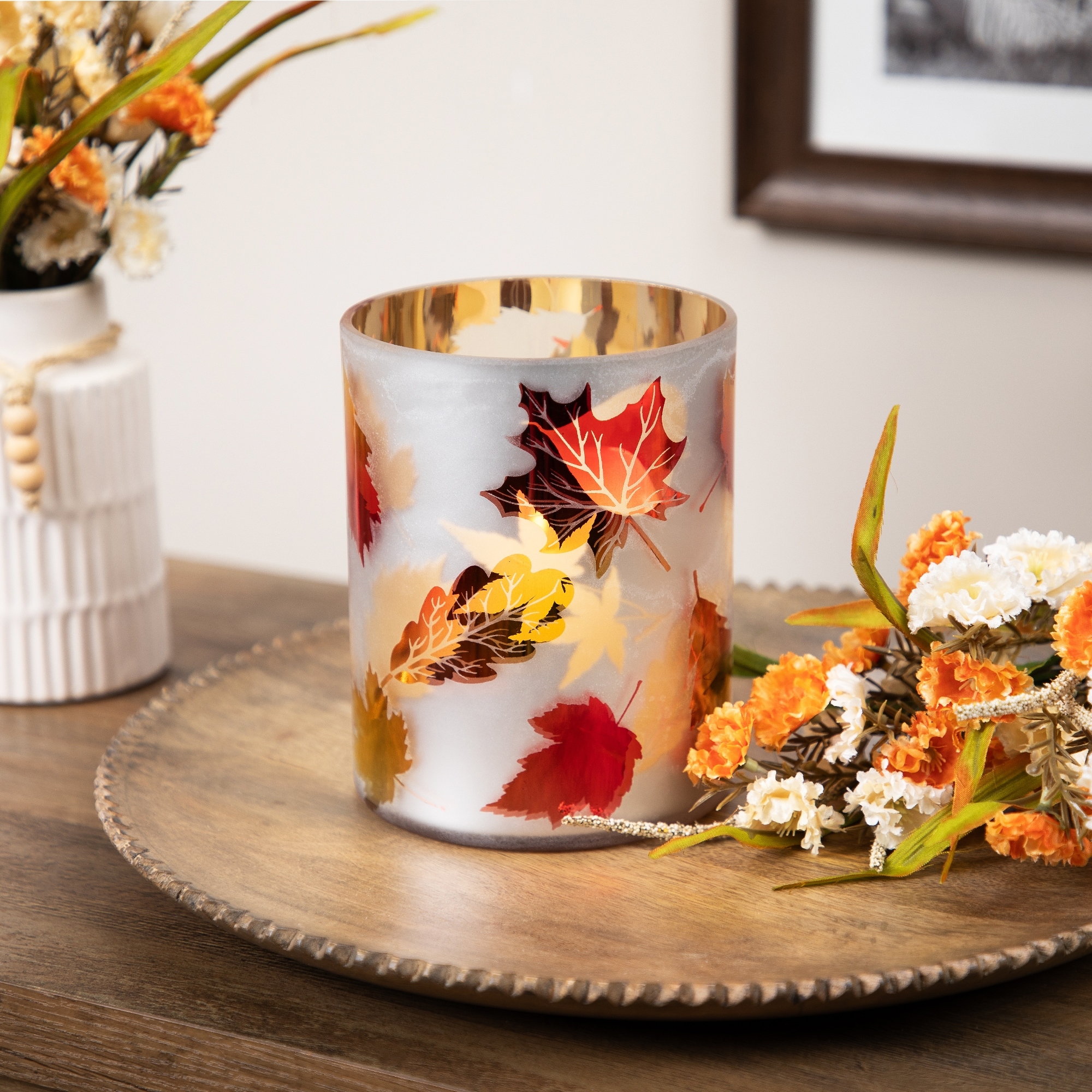 Fall-Themed Gold & Maple Leaf Crystal Candle Holders – Set of 2 Elegant Holiday