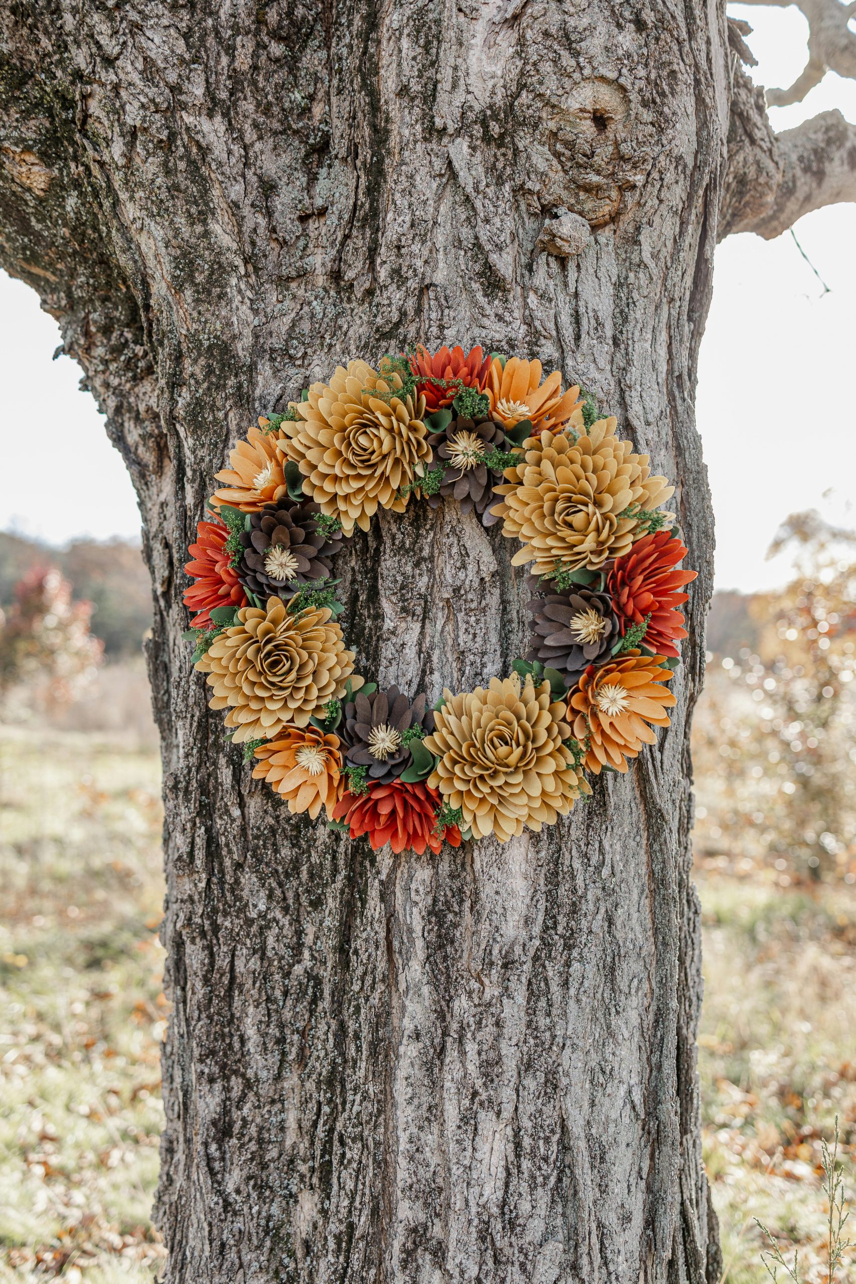 fall wreath on a tree