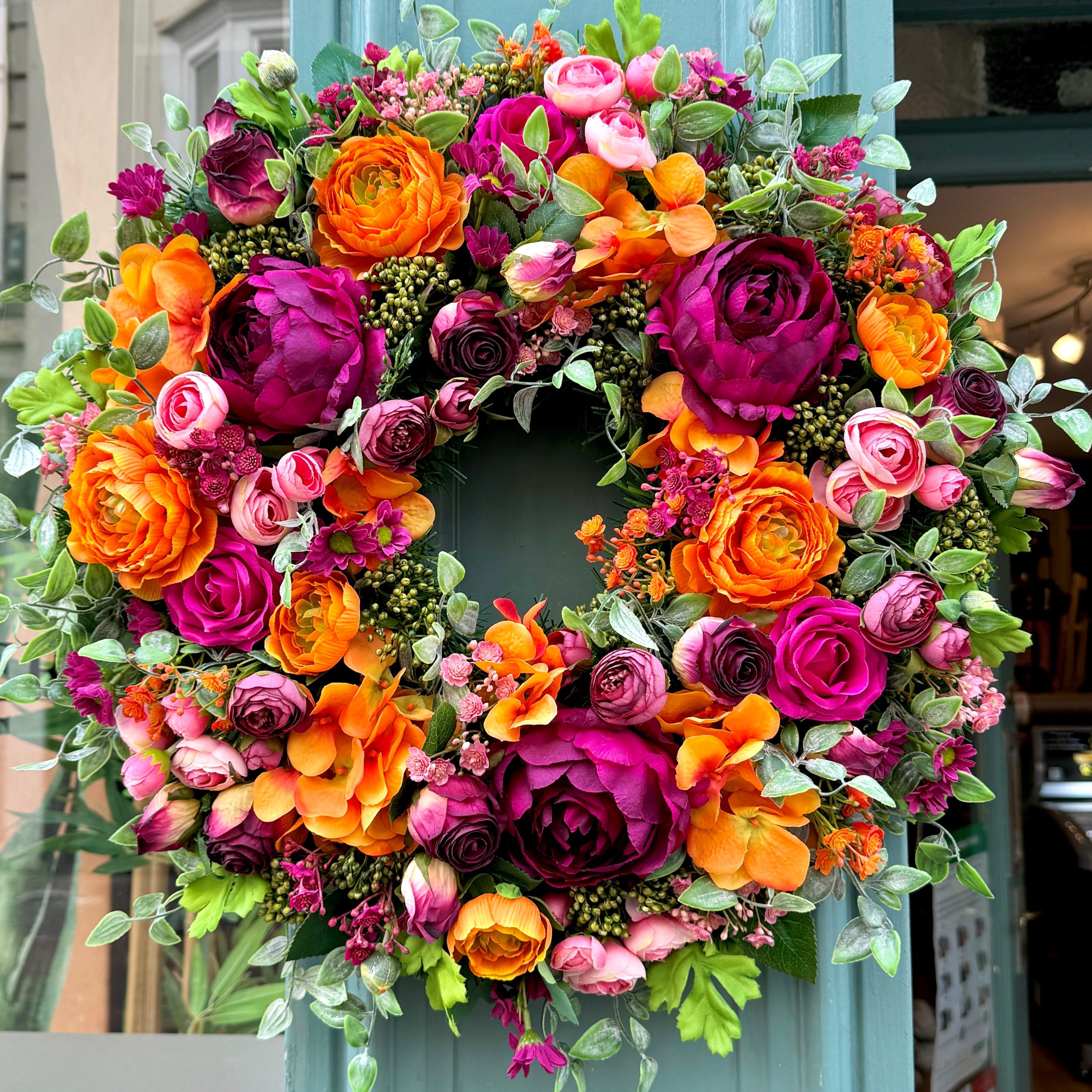 Fall Wreath Orange Pink Fall Wreath With Artificial Orange, Pink, And Burgundy Flowers, Pine Cones, And
