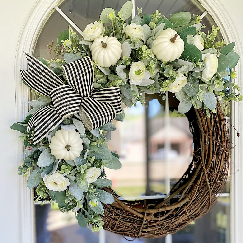 Fall Wreaths White Large Fall Wreath For Front Door, White Pumpkin Wreath, Fall Sunflower – Desert Dreams