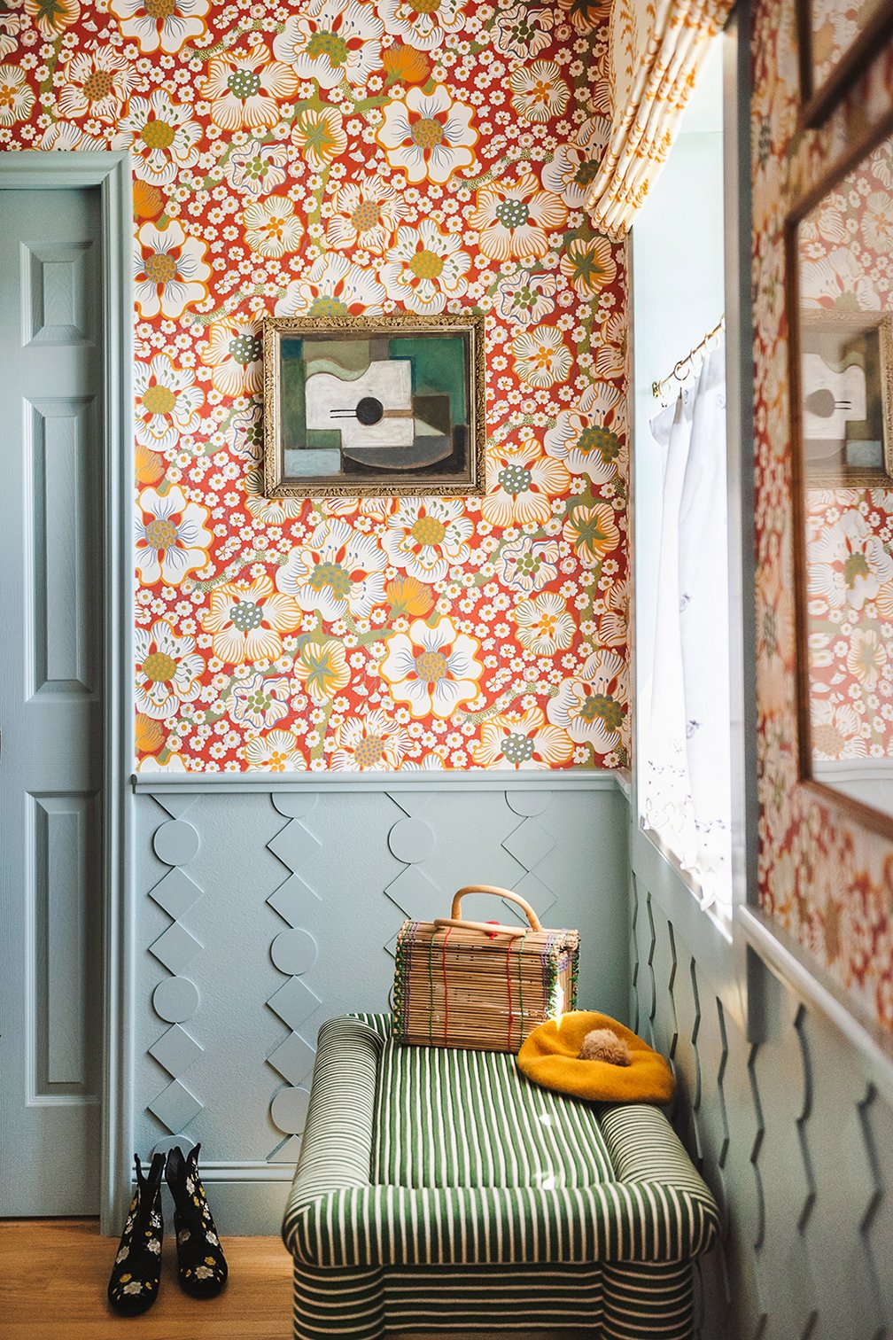 Geometric Wainscotting and Floral Wallpaper Amp Up a Previously Boring Bathroom