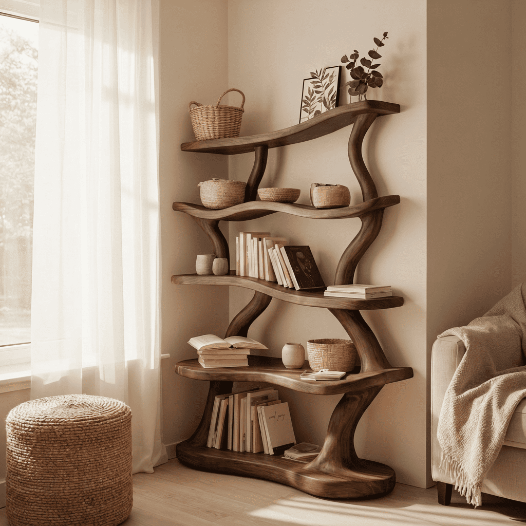 Handcrafted Wave LED Bookshelf - Solid Wood 5-Tier | Ashdeco
