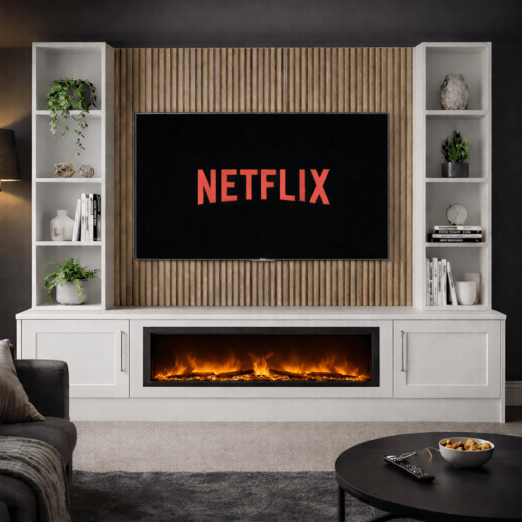 Large 60' Fireplace Media Wall Entertainment with Shaker Door Base & Double Shelving Unit - For Up to 110' TVs - Online Bedrooms