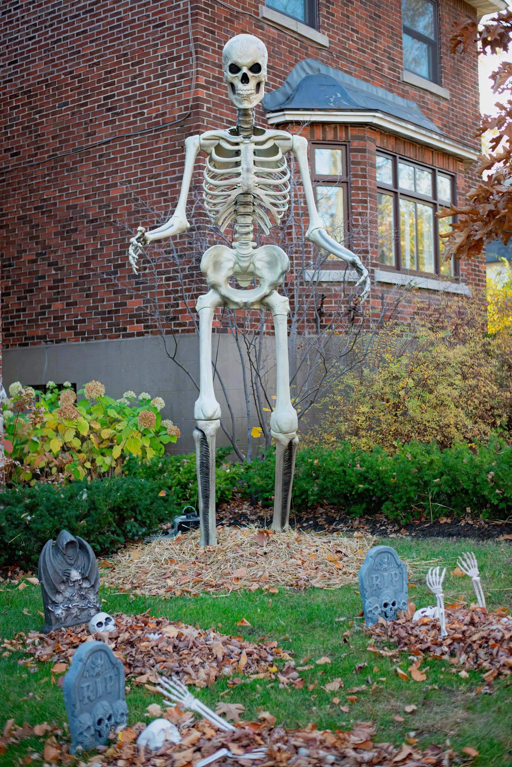 Large skeleton and tombstones create a spooky Halloween display outside a house.