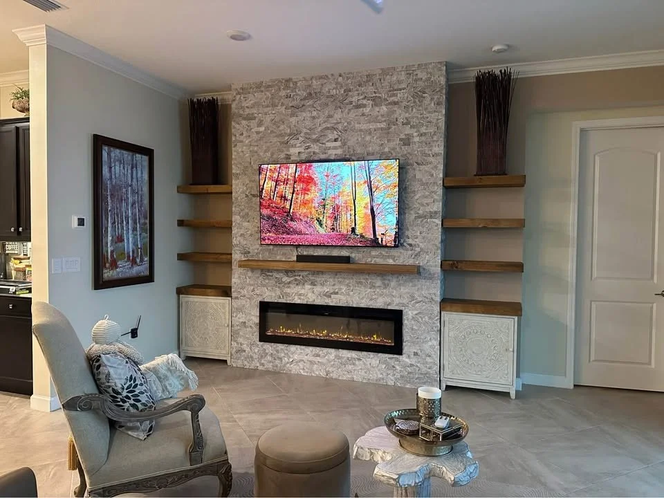 Ledger Stone Fireplace Media Wall with Shelves and Storage – Punta Gorda | Florida Media Walls