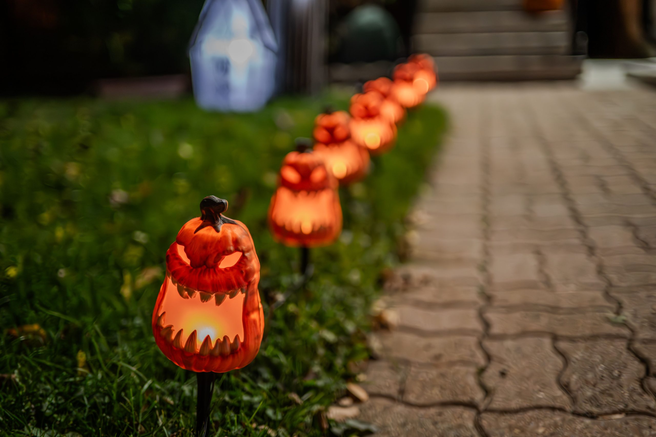 Line of illuminated pumpkin decorations along a garden path, perfect for Halloween ambiance.