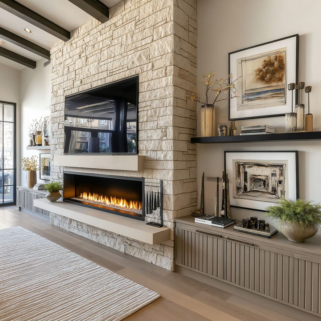Modern Stone Fireplace Design Ideas: Calm & High-End Look